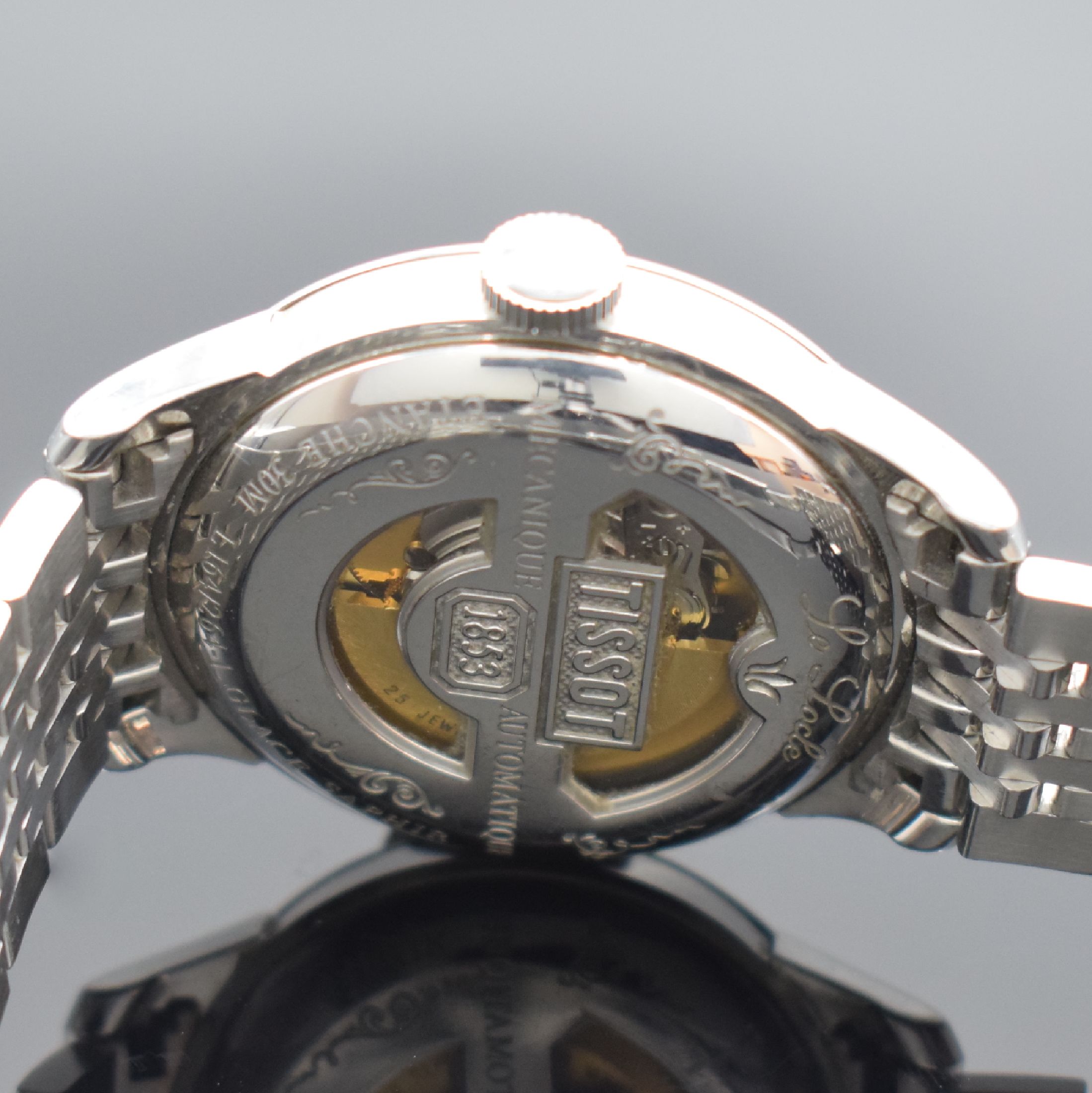 Detail d: TISSOT Le Locle Herrenarmbanduhr in Stahl Referenz L164/264-1, Automatik, Schweiz um 2010, beids. vergl. Geh., Boden & Glasrand aufgedr., orig. ...