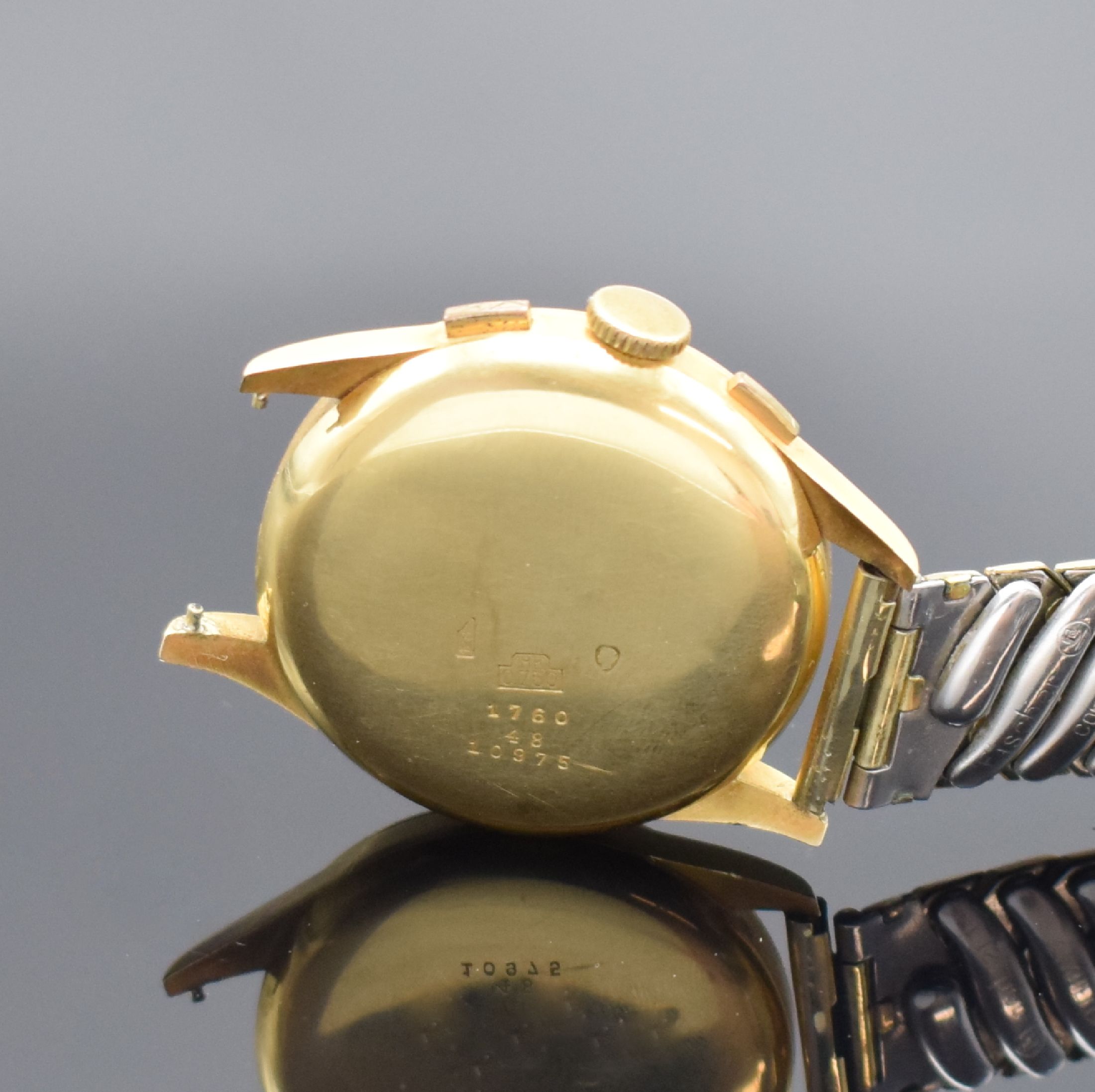 Detail c: ORATOR Herrenarmbanduhr mit Chronograph in GG 750/000, Schweiz um 1955, Handaufzug, 3- teil. Geh., Boden & Glasrand aufgedr., silb. Zifferbl. m. ...