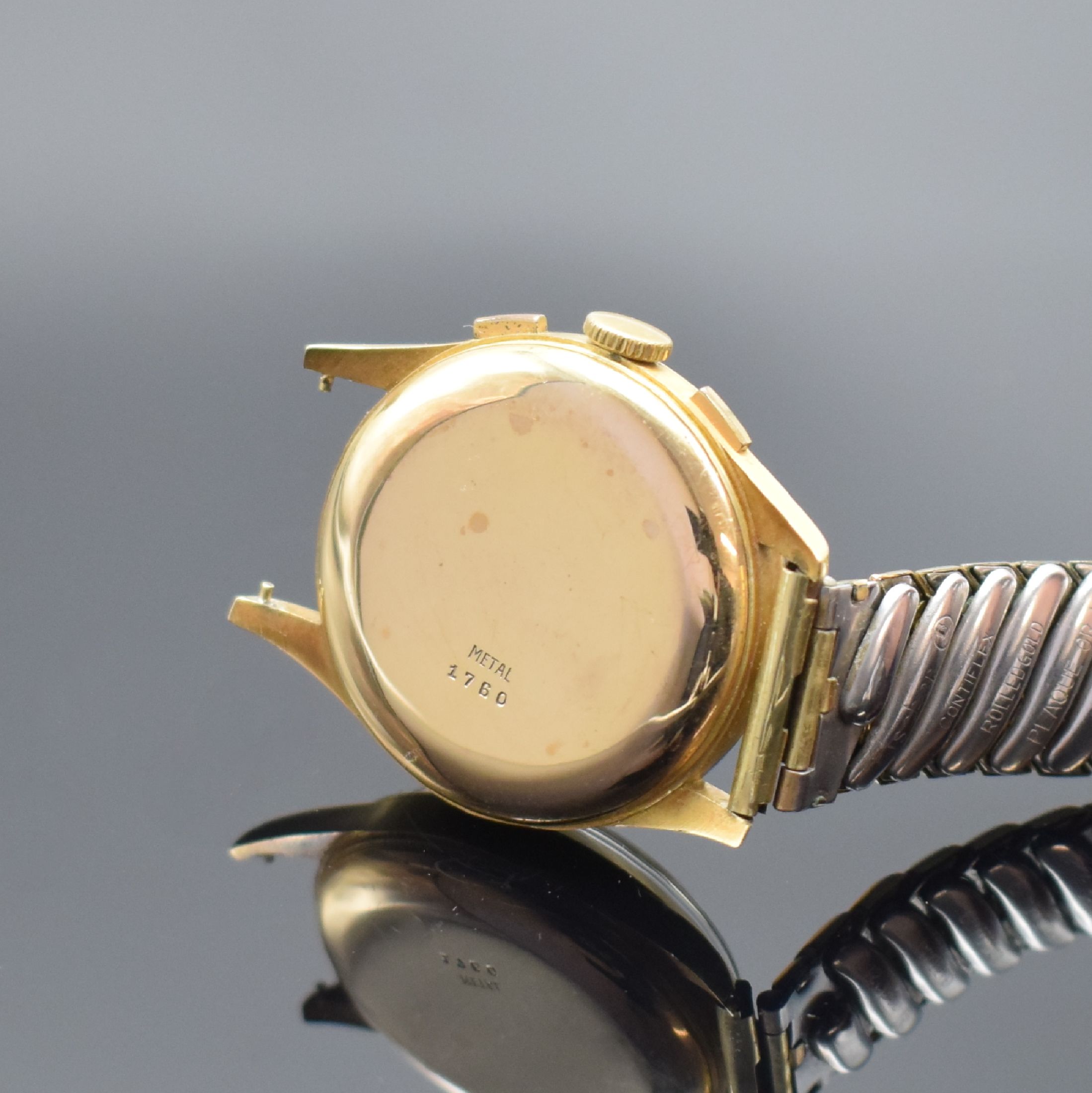 Detail d: ORATOR Herrenarmbanduhr mit Chronograph in GG 750/000, Schweiz um 1955, Handaufzug, 3- teil. Geh., Boden & Glasrand aufgedr., silb. Zifferbl. m. ...