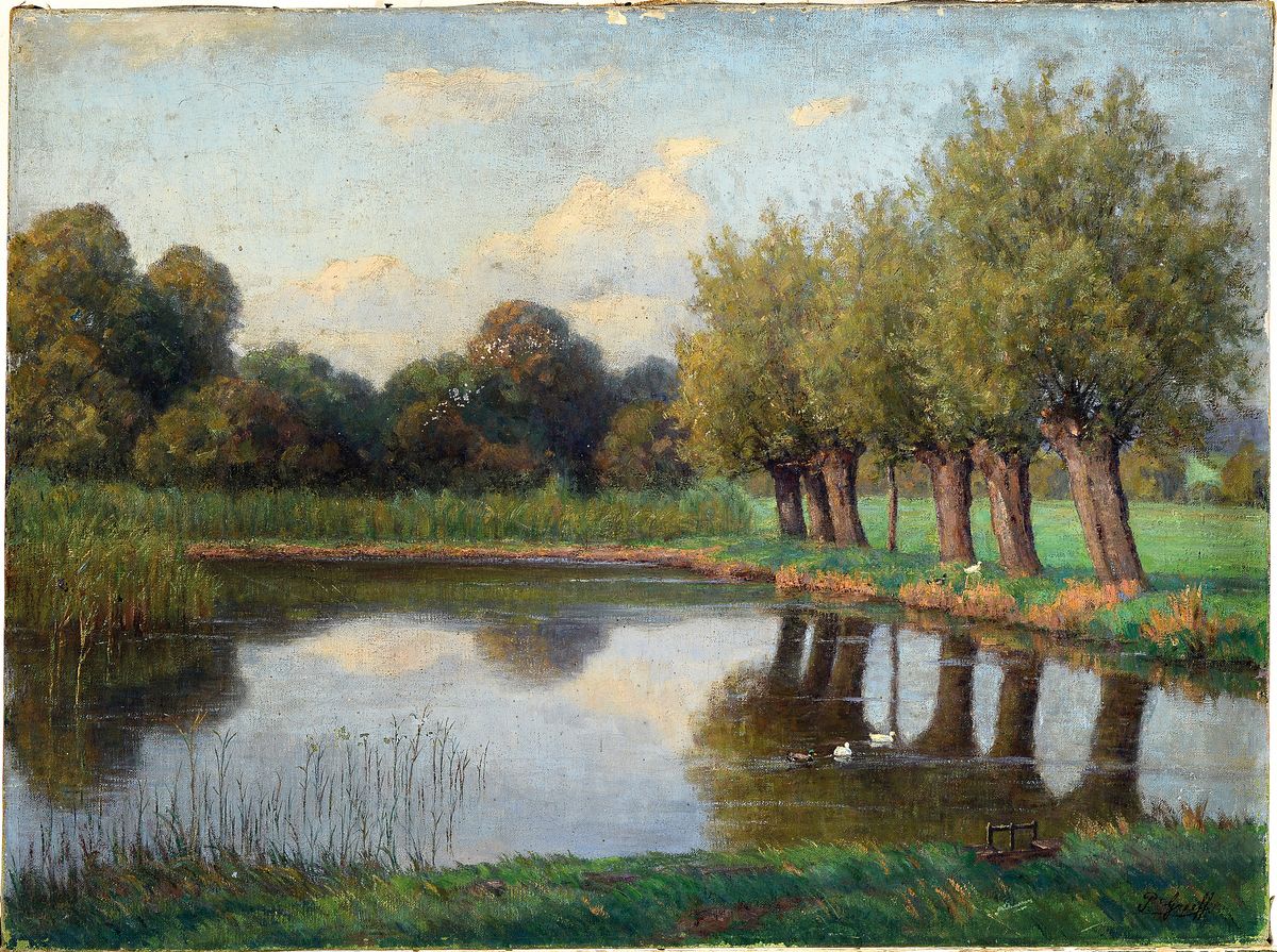 Detail k: Peter Greeff, 1865 Wülfrath-1939 Düsseldorf,Studium an der Akademie Düsseldorf, Mitglied im Künstlerverein Malkasten, sommerliche Parklandschaft ...