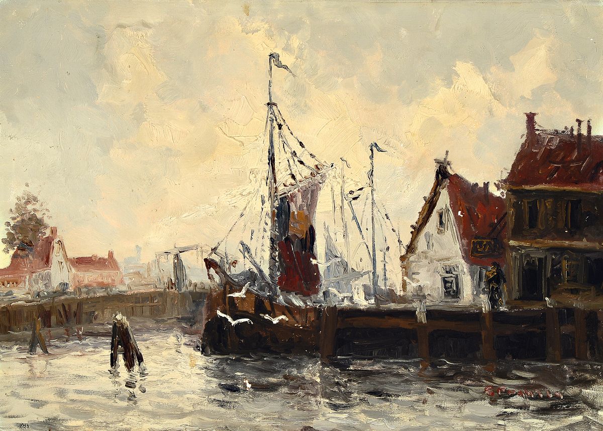 S. Franzen, Künstler der Mitte des 20.Jh., Blick in einen Hafen mit anliegendem Segelschiff, rechts unten signiert, Öl/Lwd, Reinigung empfohlen, ...