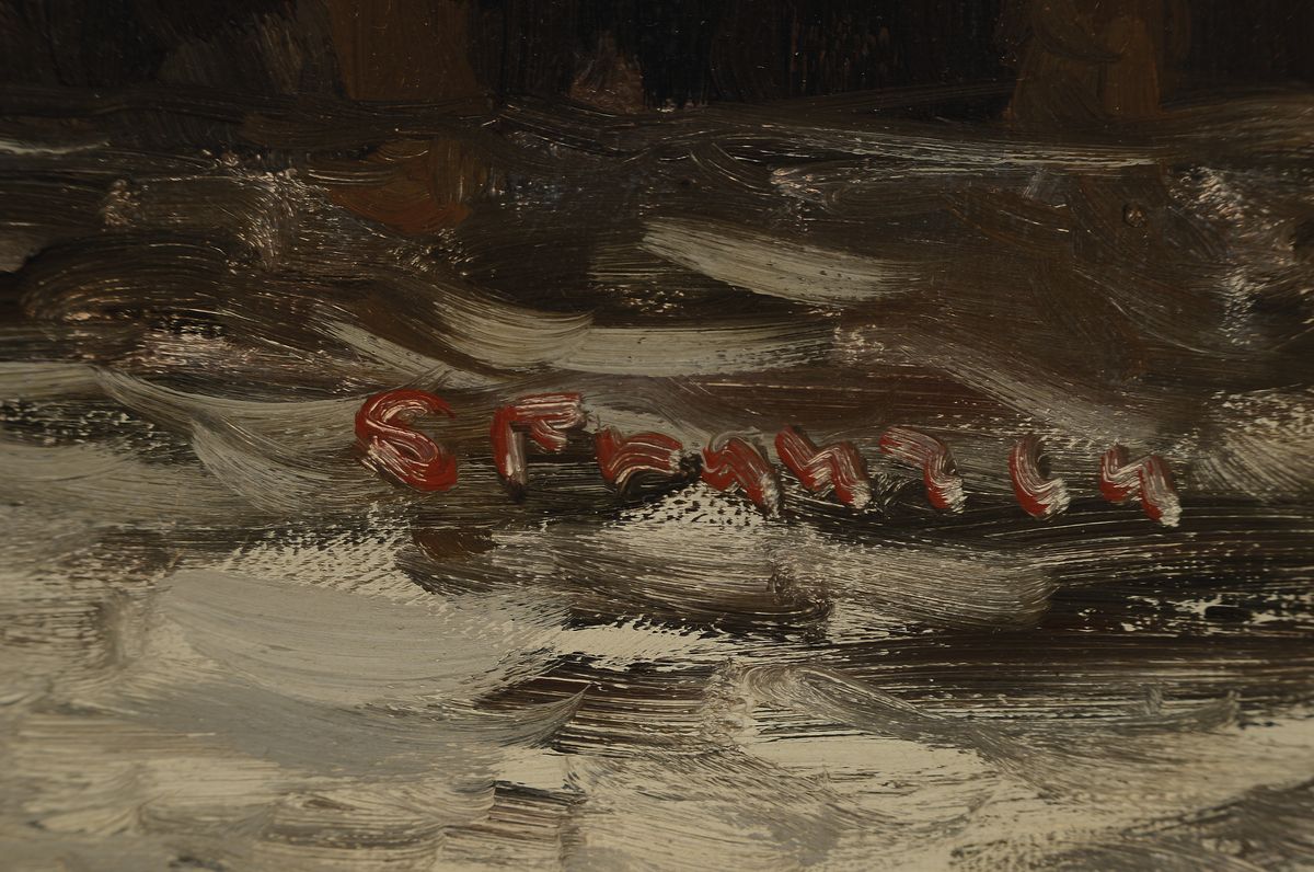 Detail a: S. Franzen, Künstler der Mitte des 20.Jh., Blick in einen Hafen mit anliegendem Segelschiff, rechts unten signiert, Öl/Lwd, Reinigung empfohlen, ...