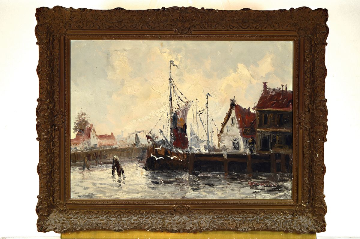 Detail k: S. Franzen, Künstler der Mitte des 20.Jh., Blick in einen Hafen mit anliegendem Segelschiff, rechts unten signiert, Öl/Lwd, Reinigung empfohlen, ...