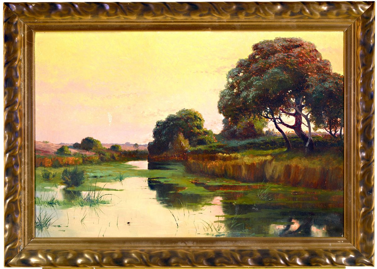 Detail k: Unbekannter Künstler des frühen 20.Jh., weite Auenlandschaft im Abendlicht, atmosphärische Stimmungslandschaft, unsigniert, Öl/Lwd, 54x81 cm, ...