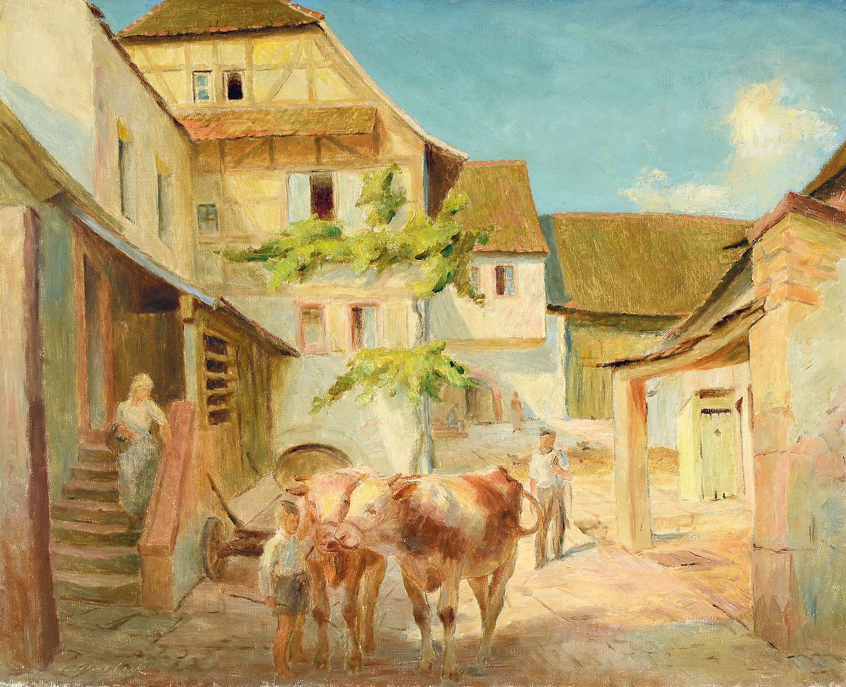 Ludwig Schreieck, 1911 St.Martin-1944 München,Studium an der Akademie München, "Hof in Weyher" so verso bez., Öl/Lwd, links unten ...
