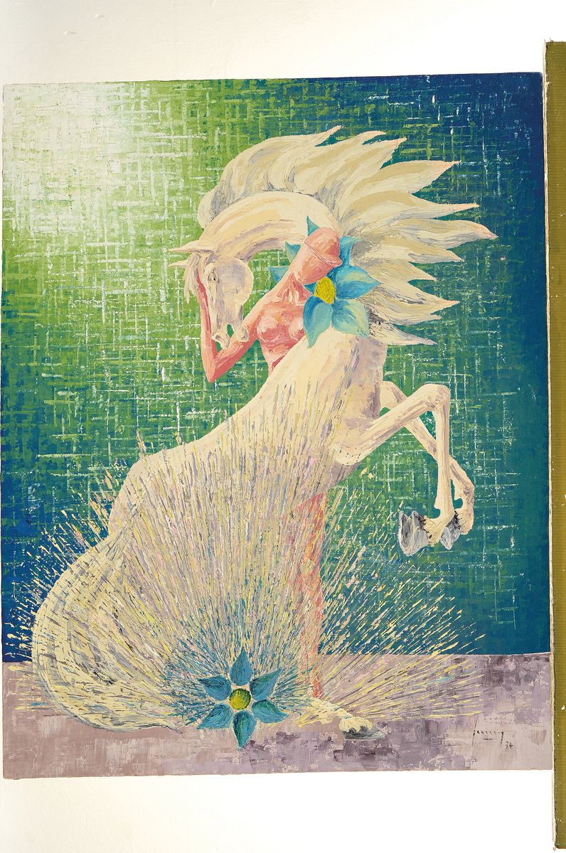 Detail k: Ungedeuteter Künstler, datiert 1974, "La plus noble coquete du cheval, Mai 1974", Öl/Lwd, rechts unten signiert u. datiert, 68x53 cm