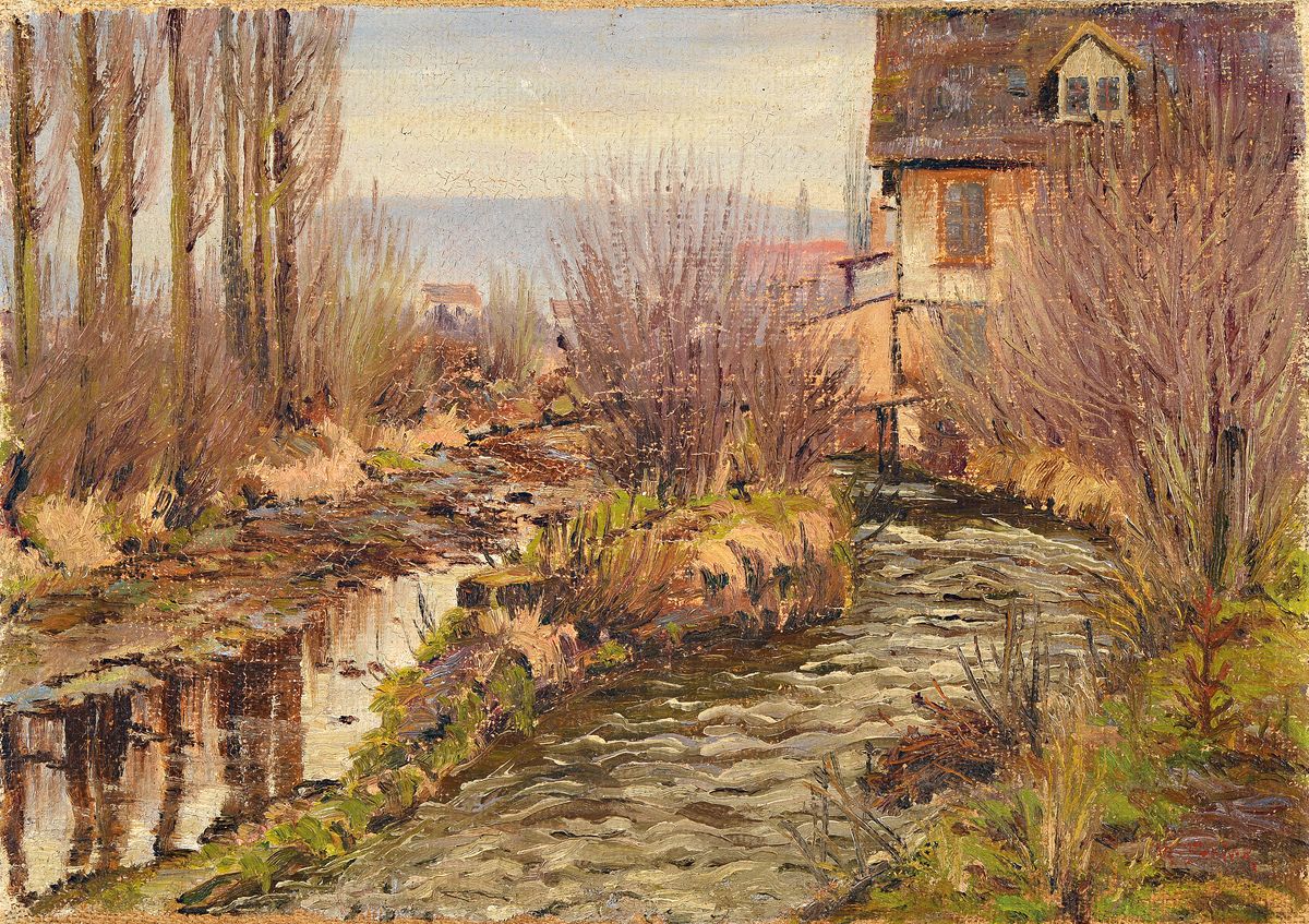 E. Schinz o.ä., Künstler des frühen 20.Jh., Flusslauf am Dorfrand, wohl pfälzer Landschaft, rechts unten signiert, Öl/Lwd, 32x45 cm
