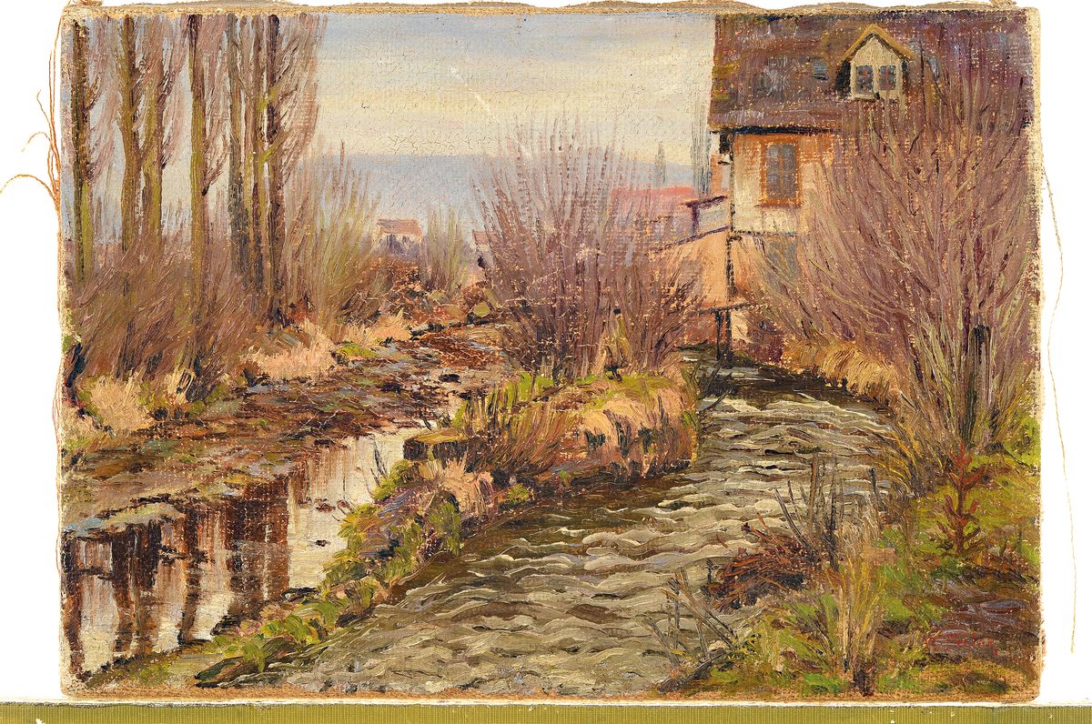 Detail k: E. Schinz o.ä., Künstler des frühen 20.Jh., Flusslauf am Dorfrand, wohl pfälzer Landschaft, rechts unten signiert, Öl/Lwd, 32x45 cm