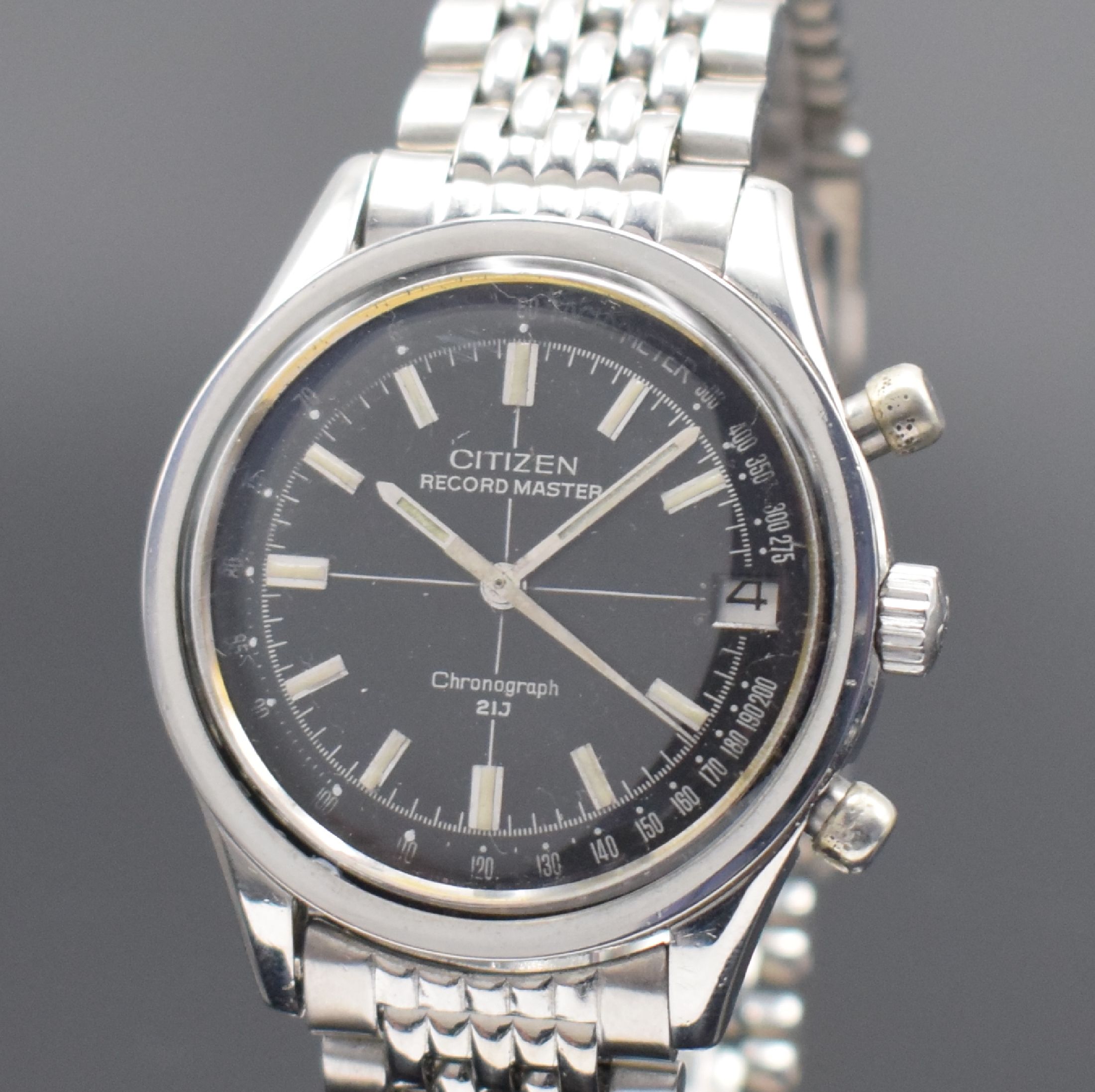 Detail a: CITIZEN Record Master seltener Chronograph mit Flyback in Edelstahl Referenz 4-570017 Y, Japan um 1970, Handaufzug, 2-teil. Gehäuse, Boden geschr., ...
