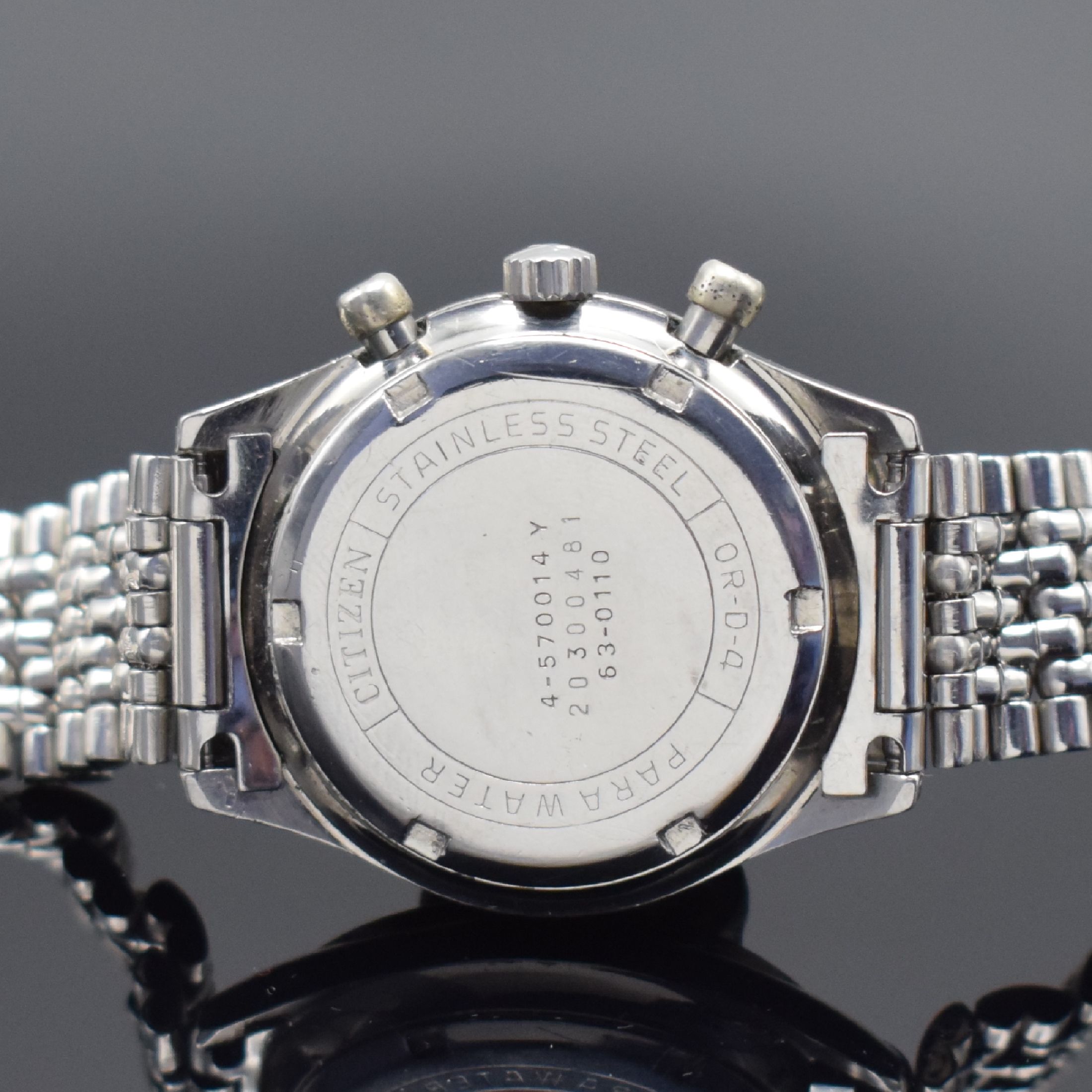 Detail d: CITIZEN Record Master seltener Chronograph mit Flyback in Edelstahl Referenz 4-570017 Y, Japan um 1970, Handaufzug, 2-teil. Gehäuse, Boden geschr., ...