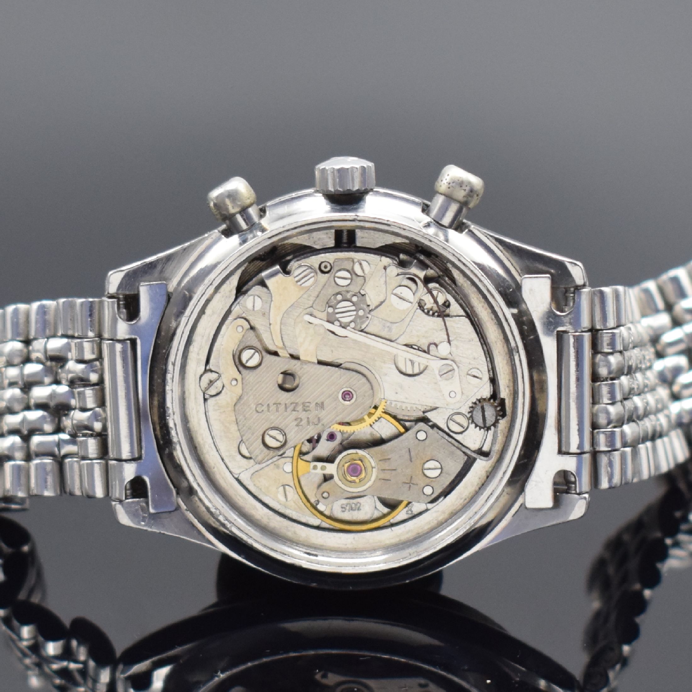 Detail e: CITIZEN Record Master seltener Chronograph mit Flyback in Edelstahl Referenz 4-570017 Y, Japan um 1970, Handaufzug, 2-teil. Gehäuse, Boden geschr., ...