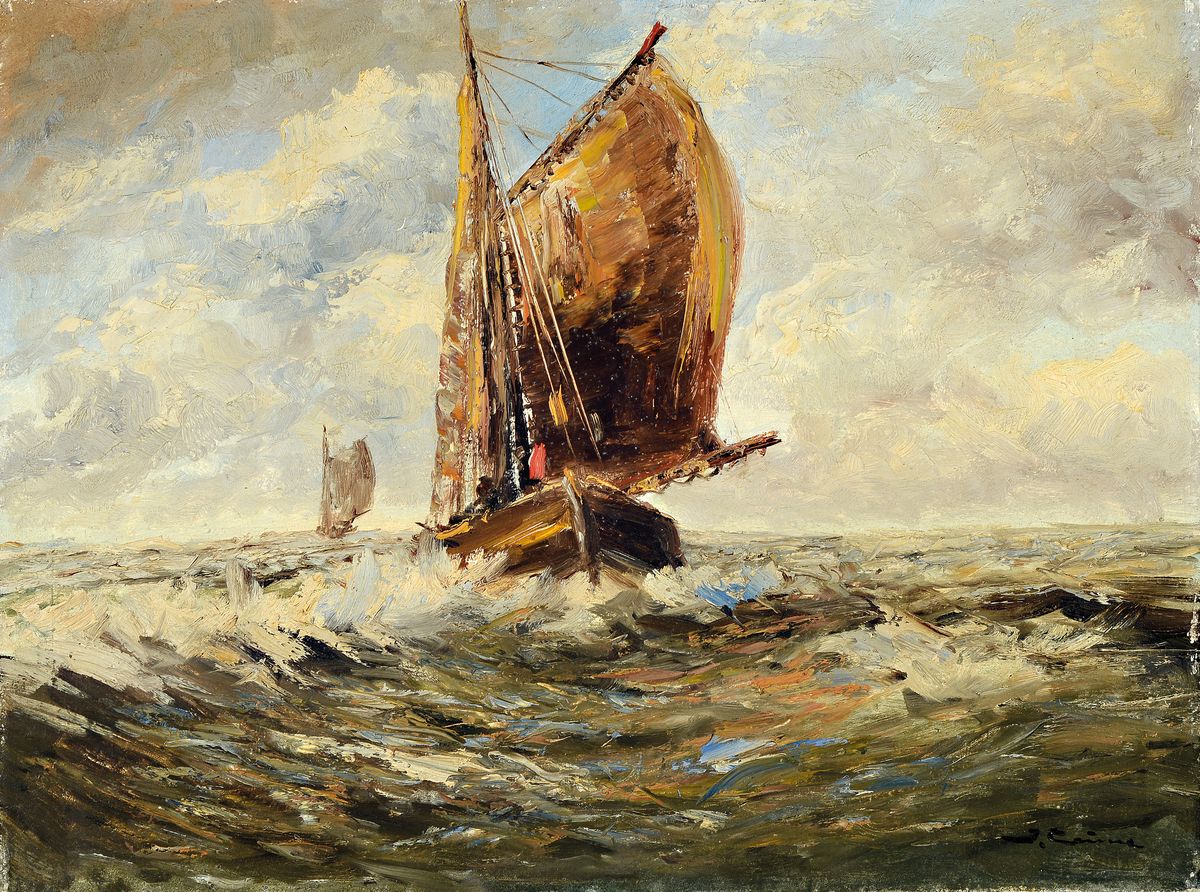 Ungedeuteter Künstler des 20.Jh., Seestück, Segelschiff in voller Fahrt, Öl/Lwd, rechts unten signiert, 60x80 cm