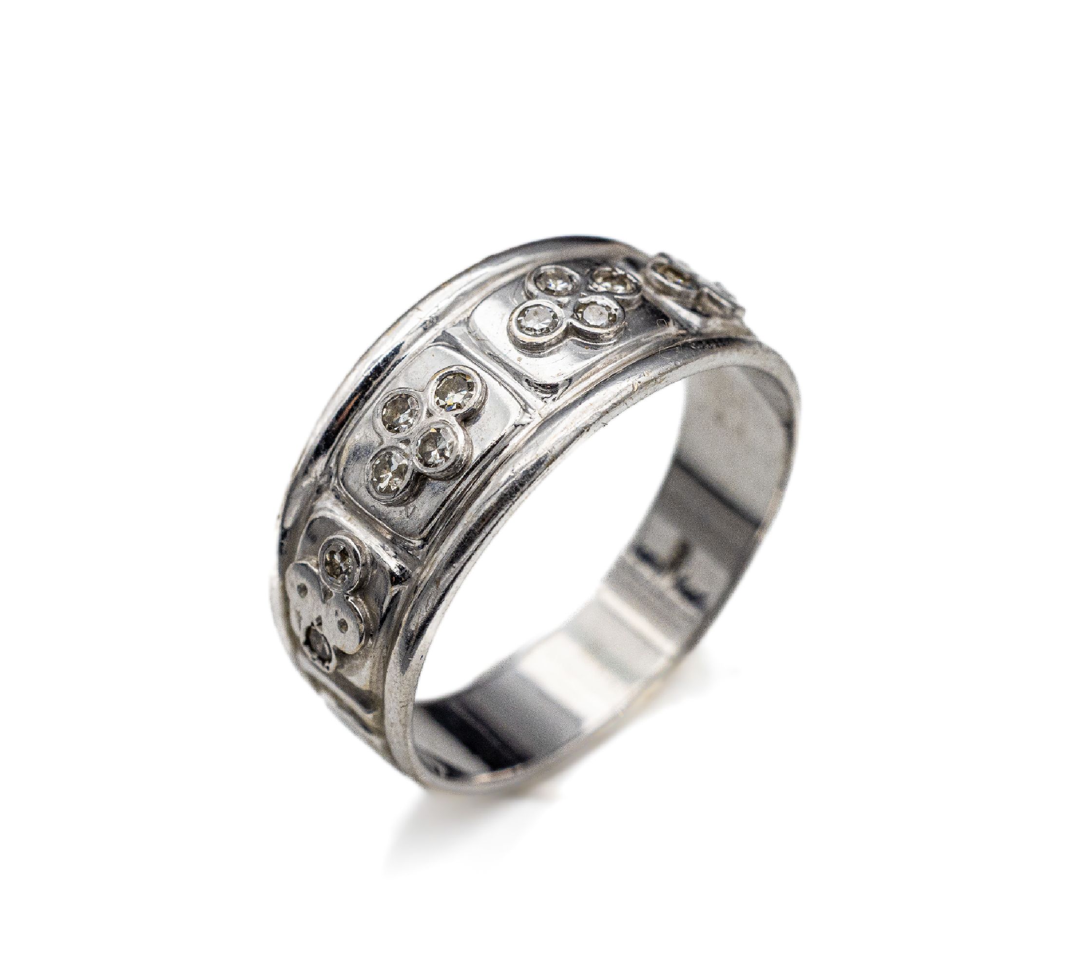14 kt Gold Diamant-Ring, WG 585/000, 12 8/8-Diamanten zus. ca. 0.05 ct l.get.Weiß/ si, ca. 7.7 g, RW 65