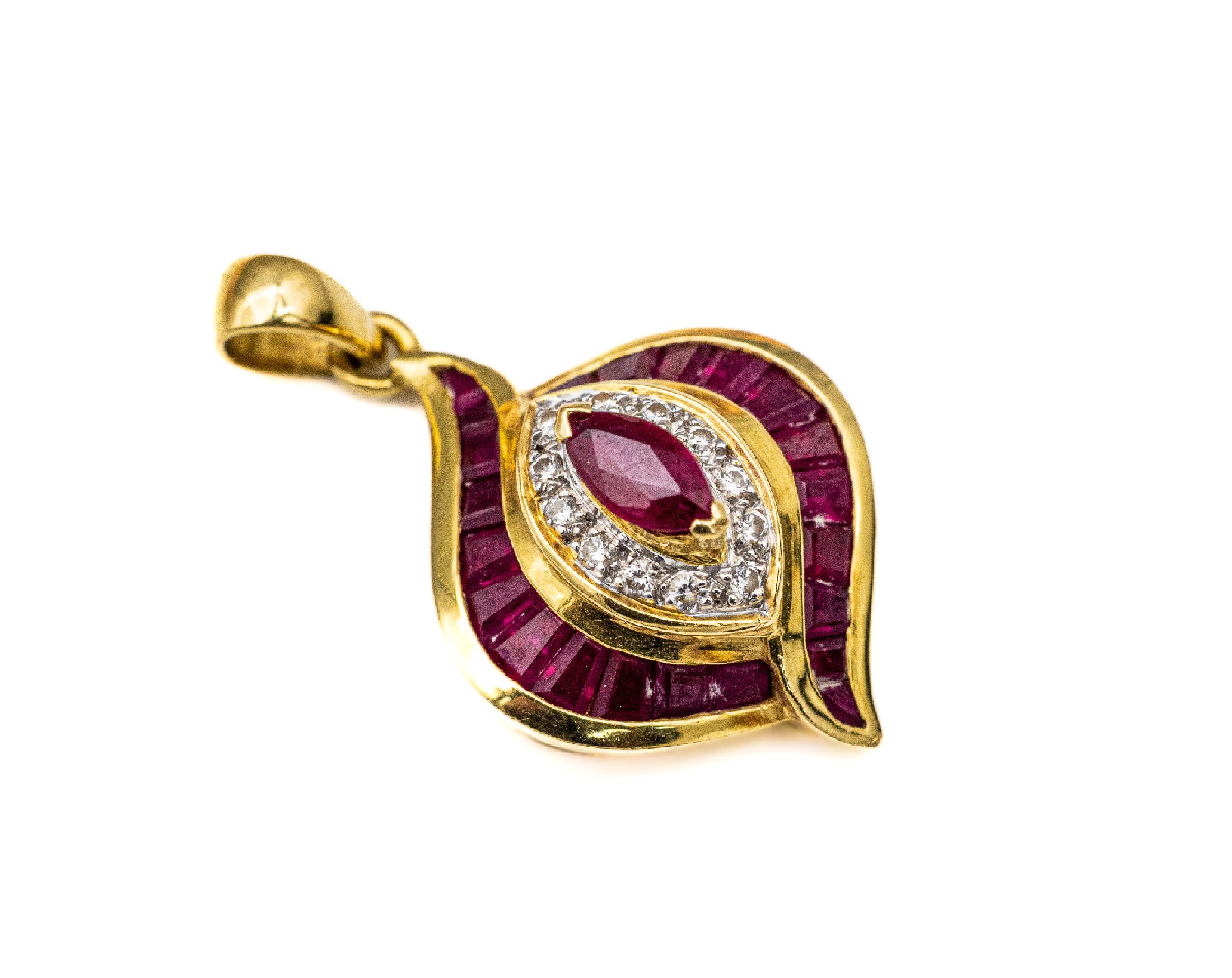 18 kt Gold Rubin-Brillant Anhänger, GG/WG 750/000, 1 Rubin-Navette und 22 eingeschliffene Rubine zus. ca. 0.60 ct, 12 Brill. zus. ca. 0.12 ct ...