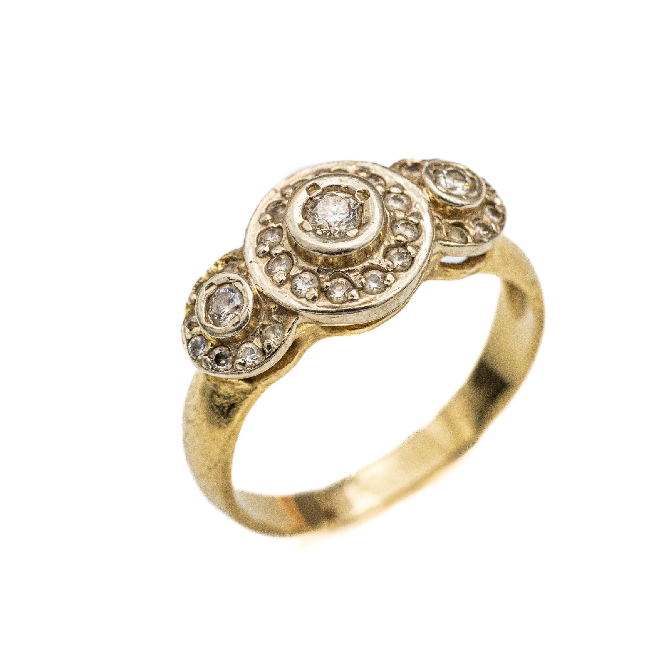 14 kt Gold Diamant Ring, GG 585/000, 29 Diamanten zus. ca. 0.45 ct Weiß/p, ca. 3.8 g, RW 56, reinigungsbed., Ringschiene gebrochen