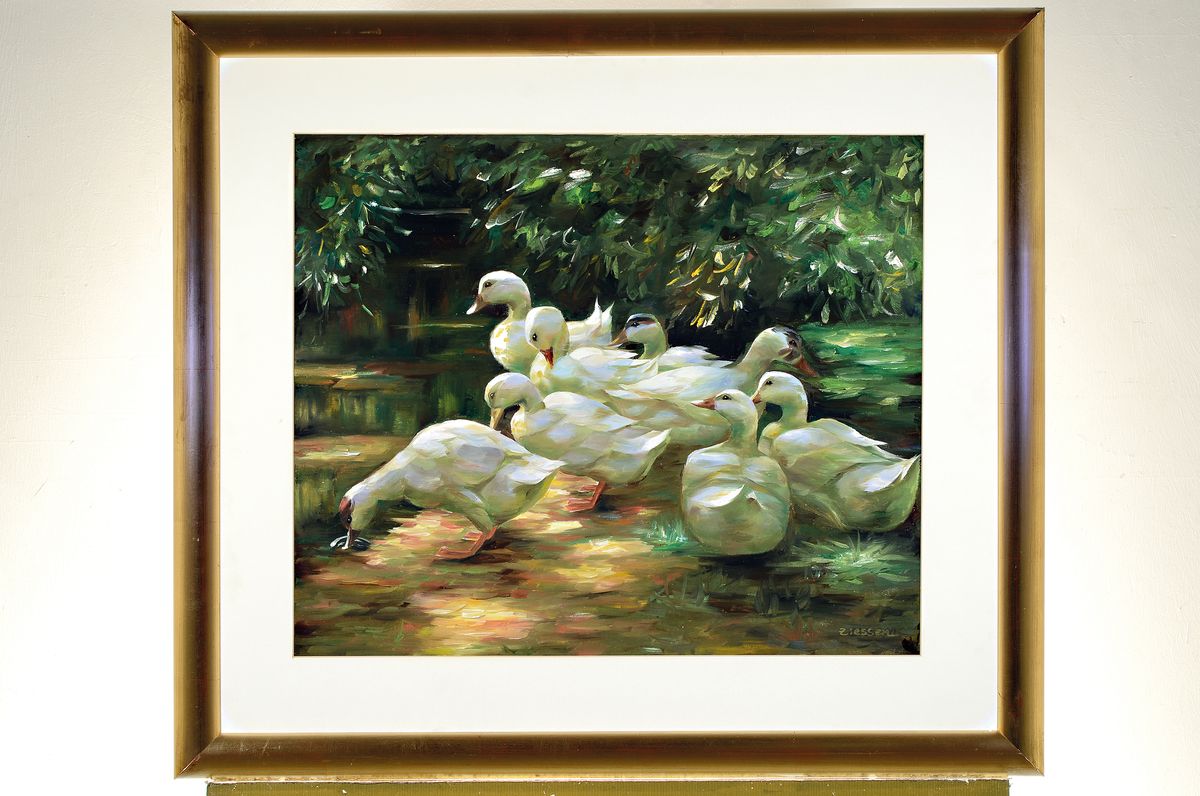Detail k: Ziessen, Traditionalist des 20. Jh., 8 weiße Enten im Schilfwasser, Öl/Malkarton, im Stil des Alexander Köster, ca. 50x60cm, PP, R. ca. 75x85cm
