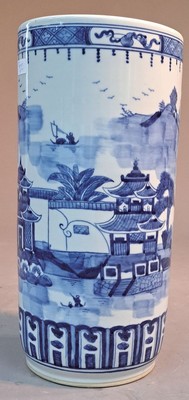26551431a - Large vase in the shape of a brush cup, China,20th century, porcelain, underglaze painting in blue, surrounding landscape, traces of age,h. 46 cm