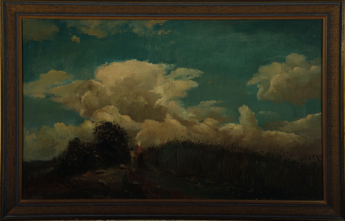 Detail k: Unbekannter Impressionist, wohl Frankreich, um 1900, zwei Frauen am Feldrand in hügeliger Landschaft, ÖL/Lwd, links unten unleserlich signiert, ca. ...