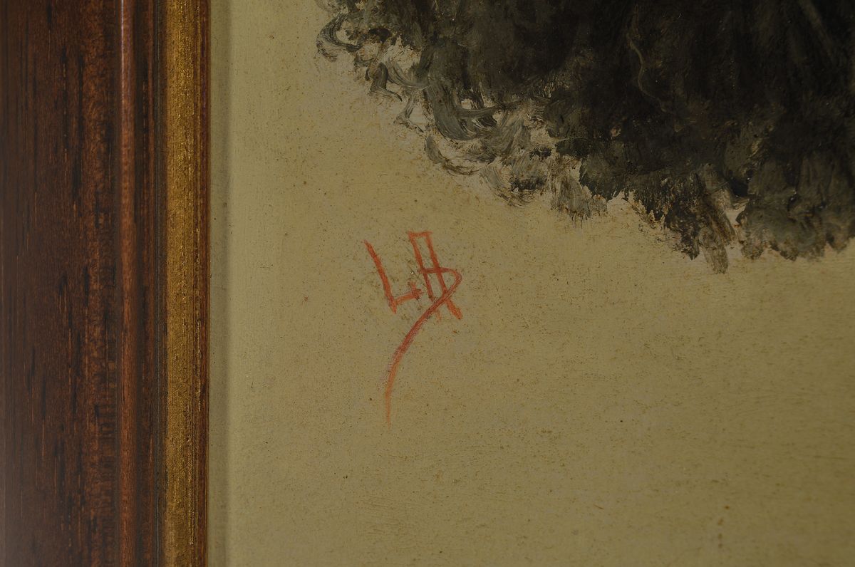 Detail a: Monogrammist LA, wohl Italien, um 1900, Porträt einer jungen Frau mit schwarzer Haube, Öl/Holz, ca. 18x24cm, R.