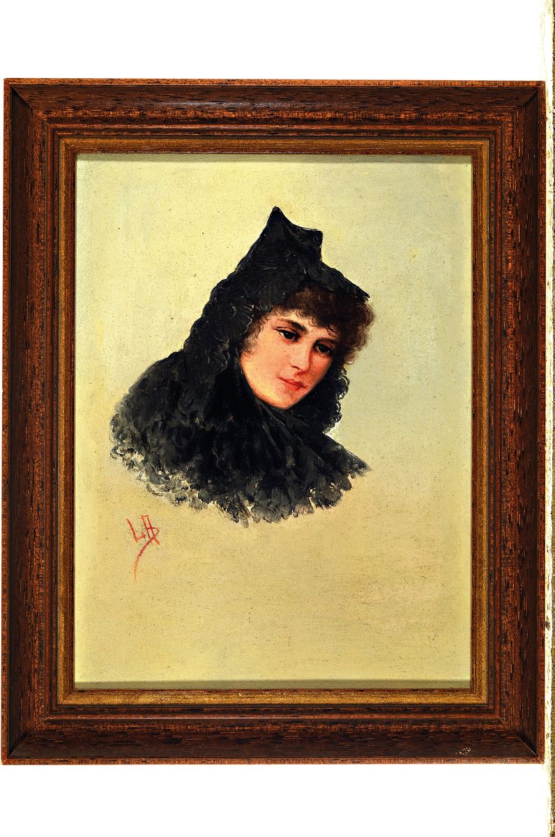 Detail k: Monogrammist LA, wohl Italien, um 1900, Porträt einer jungen Frau mit schwarzer Haube, Öl/Holz, ca. 18x24cm, R.