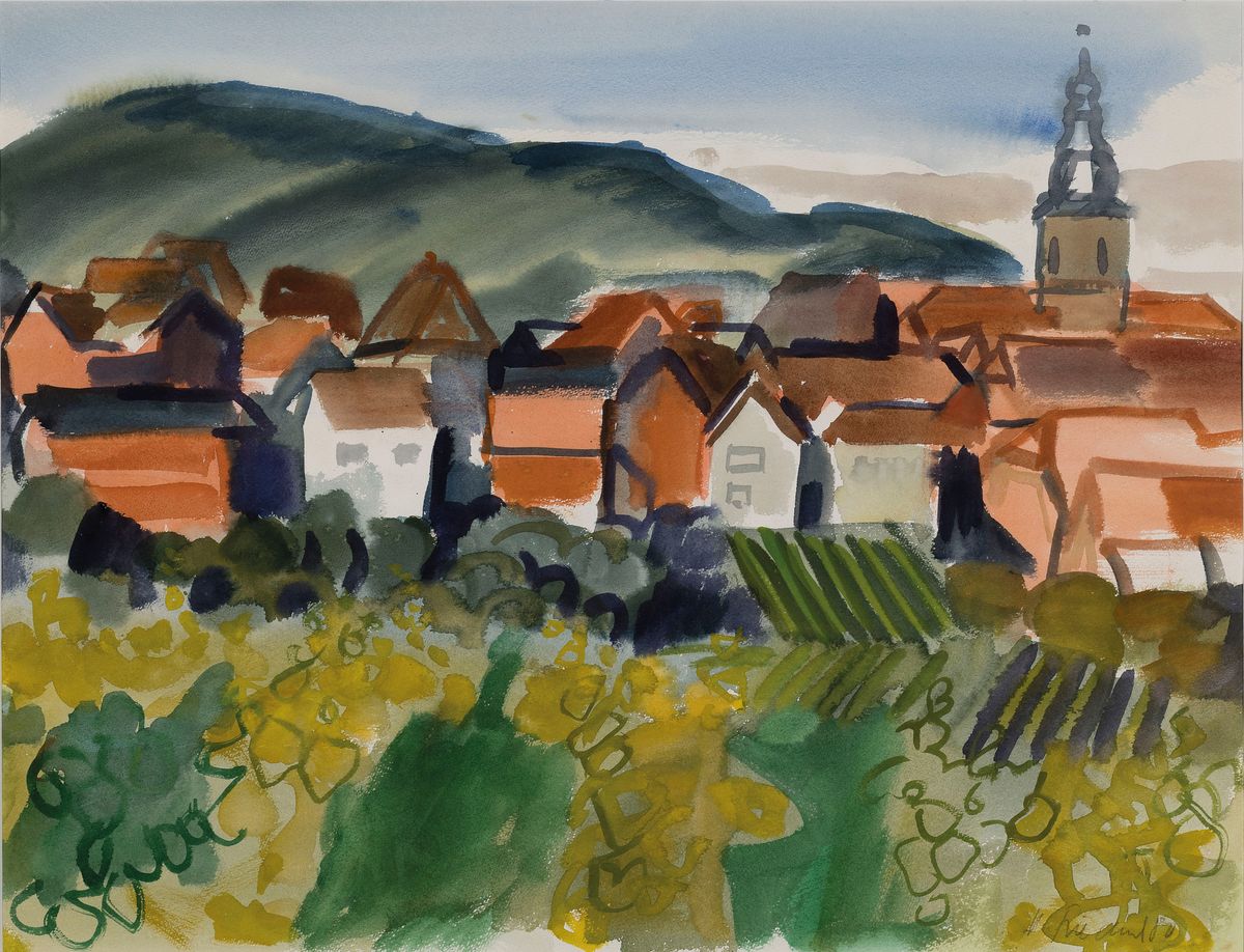 Heinz Friedrich, 1924-2018 Schwetzingen, Studium an der Akademie Karlsruhe bei Laible und Schnarrenberger, hier: Blick auf Burrweiler oder ...