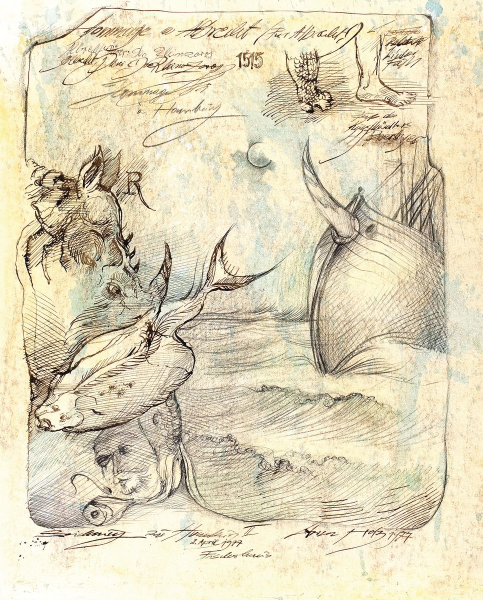 Werner Holz, 1948 Grünstadt-1991 Ludwigshafen, namhafter Vertreter des Phantastischen Realismus, hier: Hommage a Albrecht Dürer- Das Rhinozeros, ...