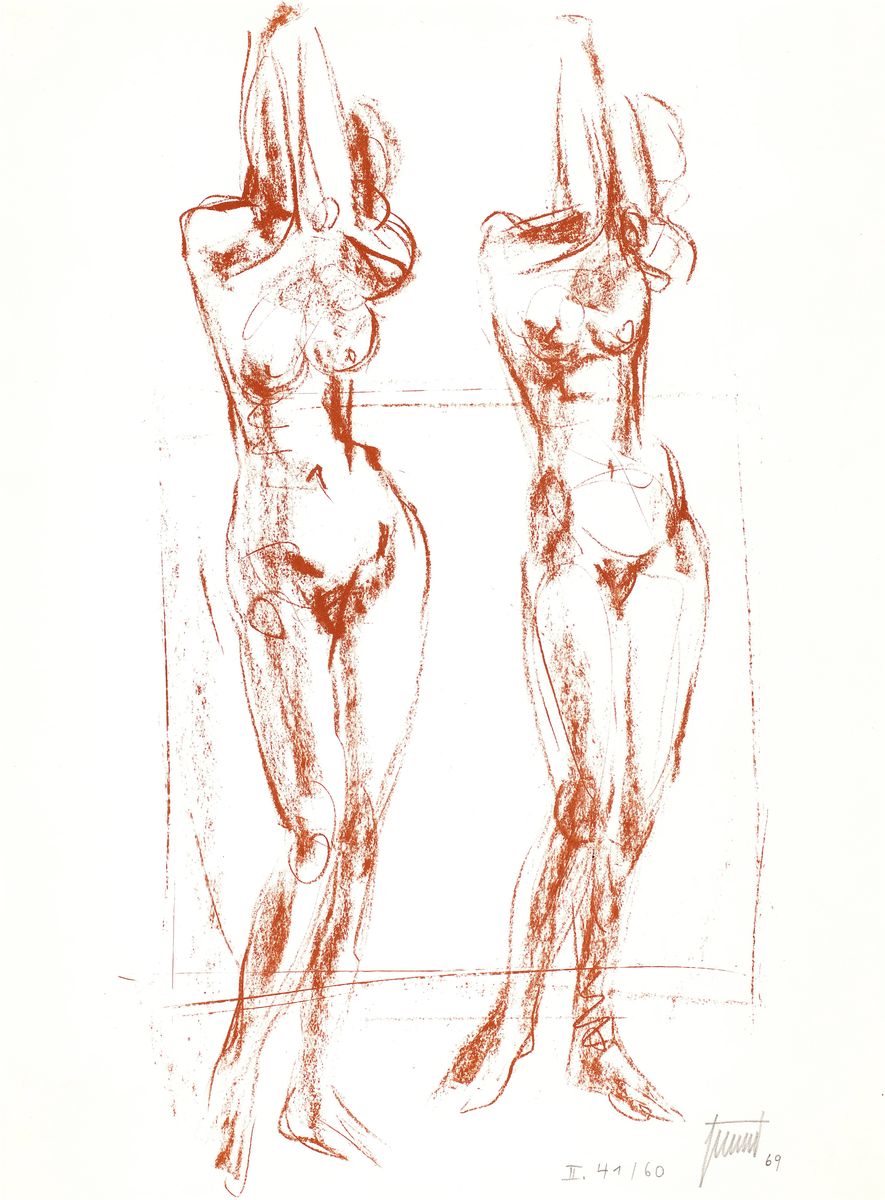 Günther Zeuner, 1923 Dresden-2011 Speyer, Stehende Frauenakte, Farblithographie, signiert und dat. 1969, num. II 41/60, ca. 55x30cm, u.Gl., R. ca. ...