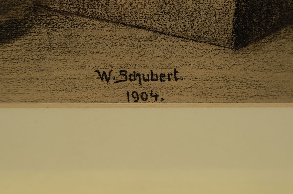 Detail a: Gustav Wilhelm Schubert, geb. 1875 Freiberg inSachsen, stehender männlicher Akt an Säule gelehnt, Bleistiftzeichnung auf Papier, signiert und dat. ...