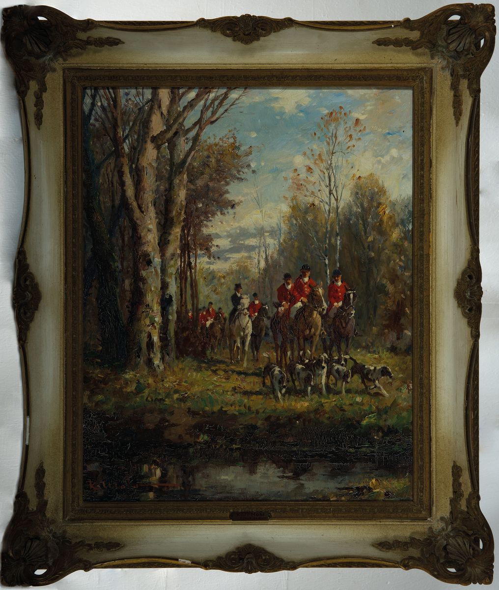 Detail k: Karl Mohr, 1922-2013 Düsseldorf, Parforcejagd, Öl/Lwd, links unten signiert, ca. 50x40cm, Barockstilrahmen mit Namensschild leicht besch., ca. ...