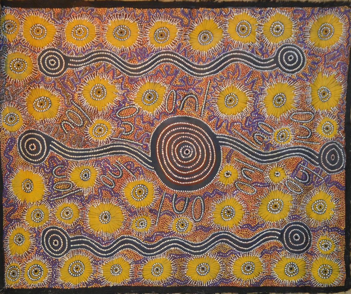 Pansi Napangardi, um 1948 Haasts Bluff-2006, Australien, zeitgenössische Aborigine -Künstlerin, "Womens Dreaming" von 1987, hypnotische ...