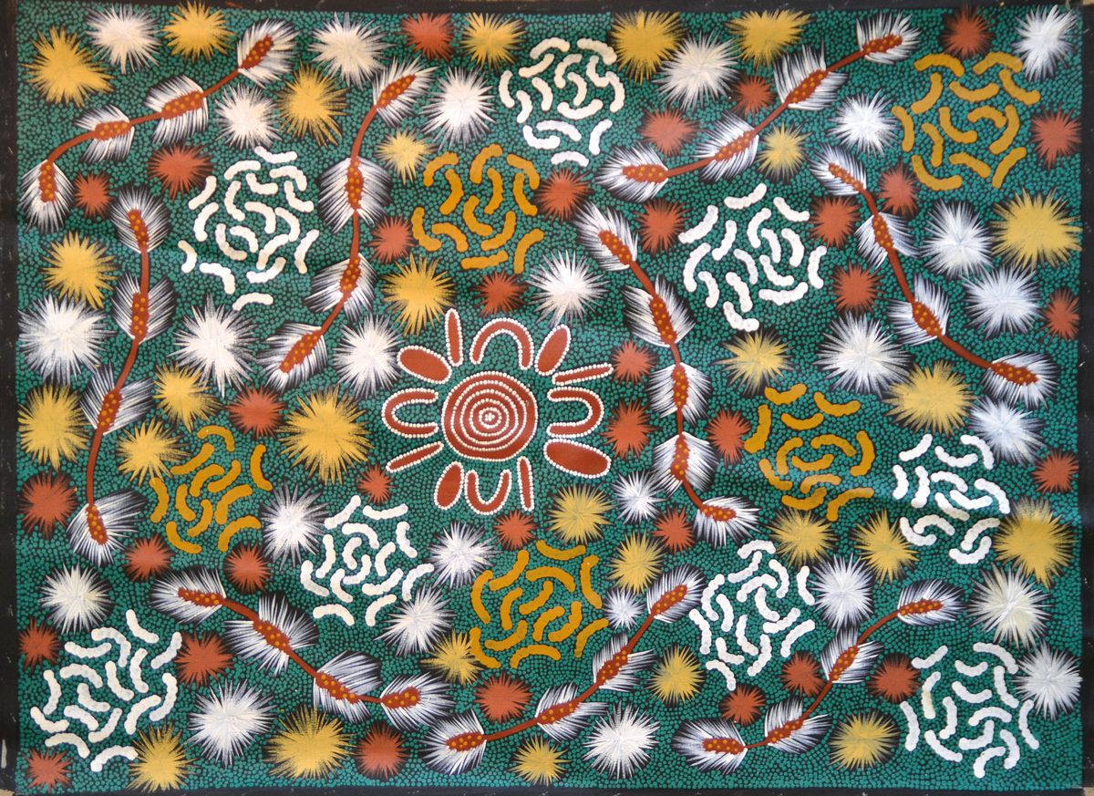 Sonda Nampitjinpa Turner, geb. 1956 Yuendumu, Australien, zeitgenössische Aborigine -Künstlerin der Walpiri, "Bush Bean Dreaming" von ...