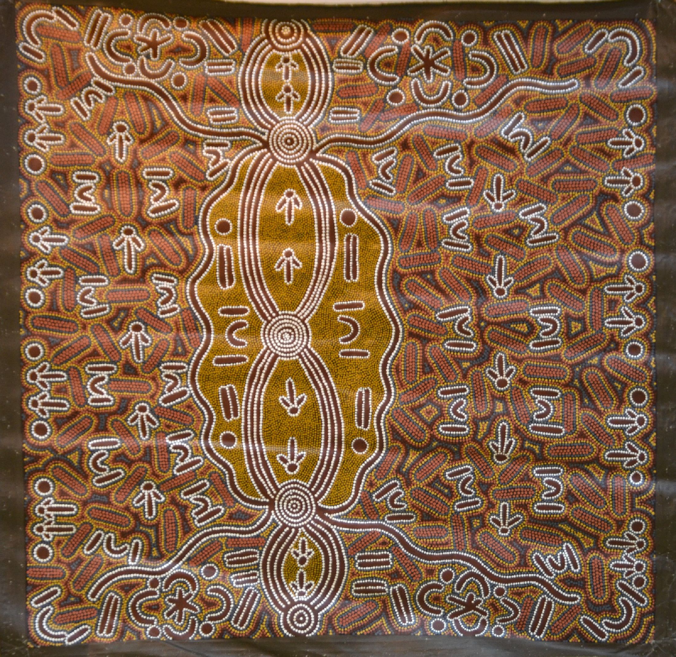 David Jupurrula Oldfield, um 1940-1997, Australien, zeitgenössischer Aborigine -Künstler, "Mens Ceremony" von 1989, großformatige ...