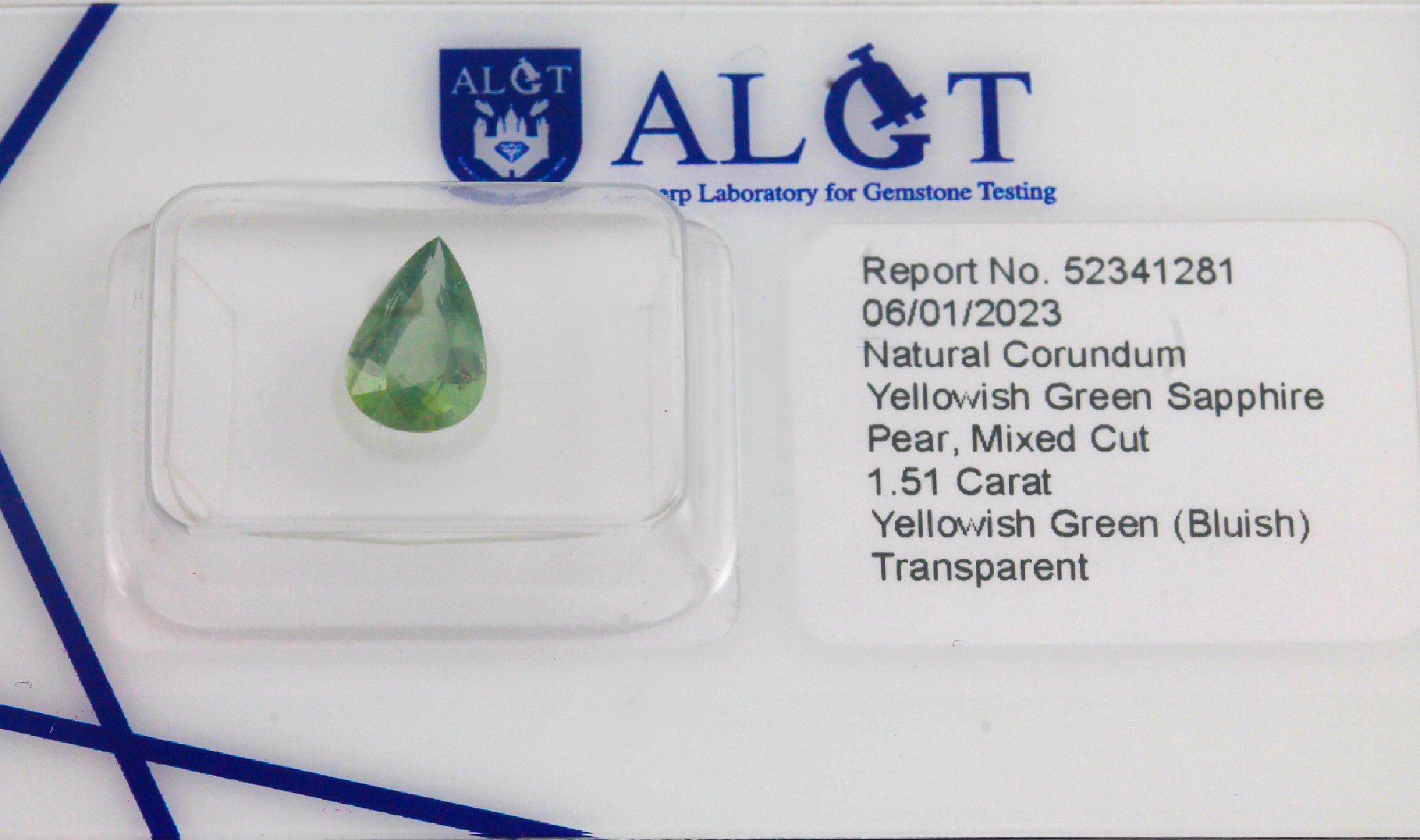 Detail a: Konvolut 6 Saphire, alle mit ALGT Expertise: 1 x facett. Saphir-Tropfen ca. 1.51 ct, Yellowish Green, unbehandelt; 1 x ovalfacett. Saphir ca. 0.91 ...