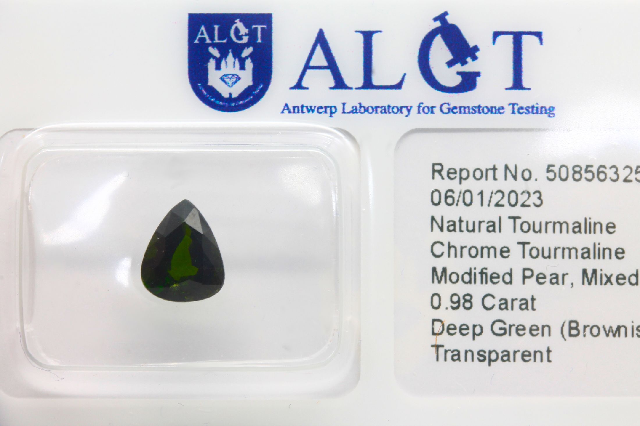 Facett. Chrom-Turmalin-Tropfen, ca. 0.98 ct, ALGT-Expertise, Deep Green (Brownish, Yellowish), unbehandelt