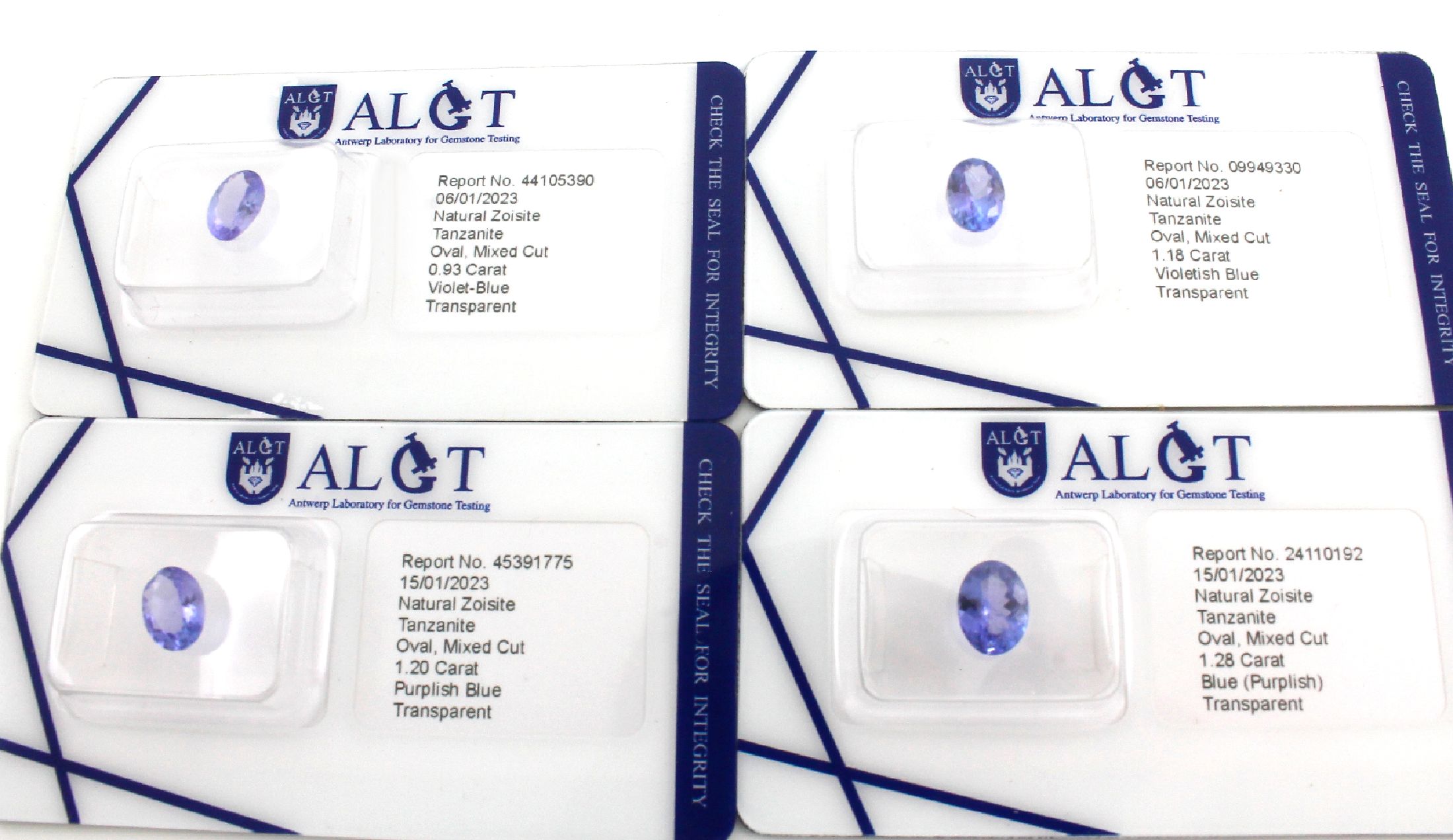Konvolut 4 lose ovalfacett. Tansanite , ca. 0.93 ct, 1.28 ct, 1.18 ct und 1.20 ct, jeweilsmit ALGT-Expertisen, hitzebehandelt