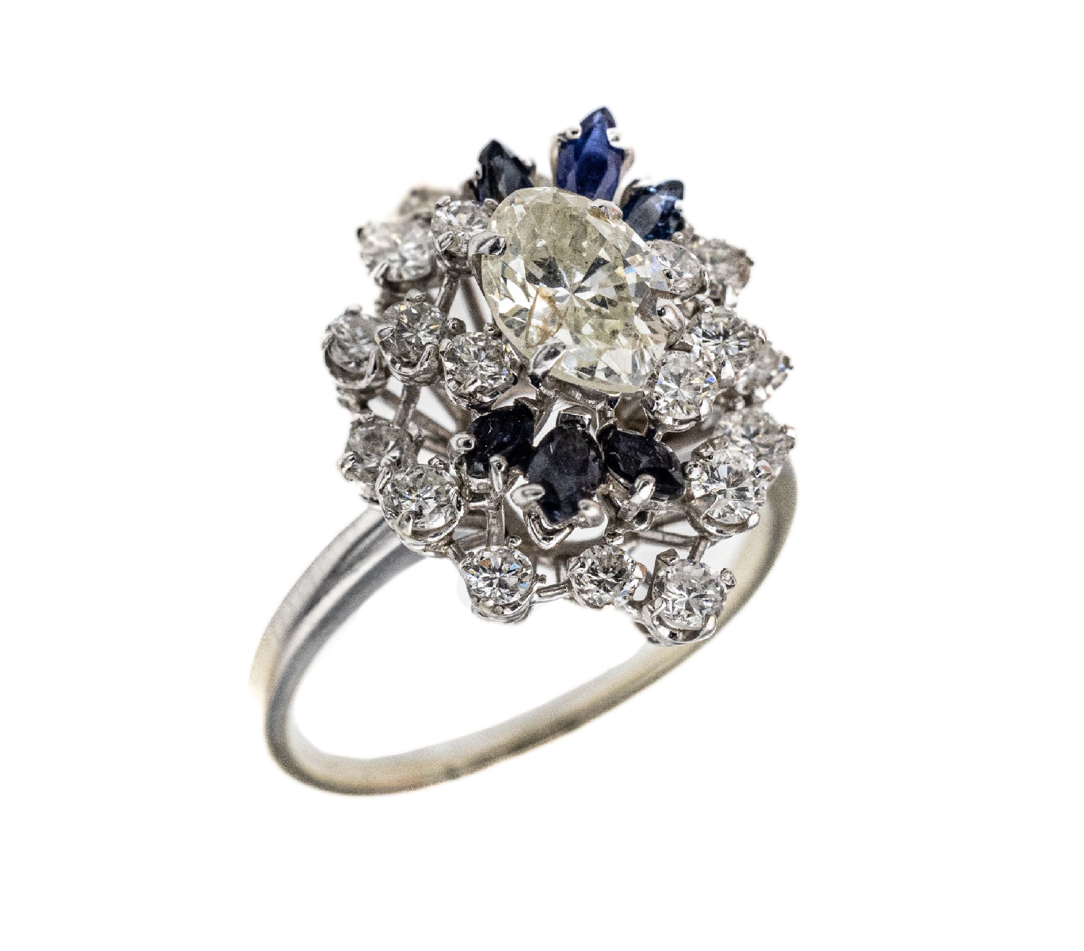 18 kt Gold Saphir-Diamant-Ring, WG 750/000,mittig Diamant-Navette ca. 1.10 ct get.Weiß/p,umgeben von 6 Saphir-Navettes zus. ca. 0.25 ct, 20 ...