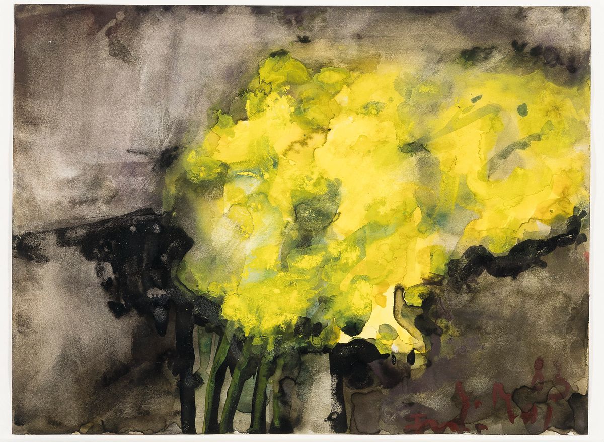 Klaus Fußmann, geb. 1938 Velbert, Aquarell auf Papier, "Raps", 1983, vibrierendes Gelb der Rapsblüte vor schwarzem Grund, rechts unten ...