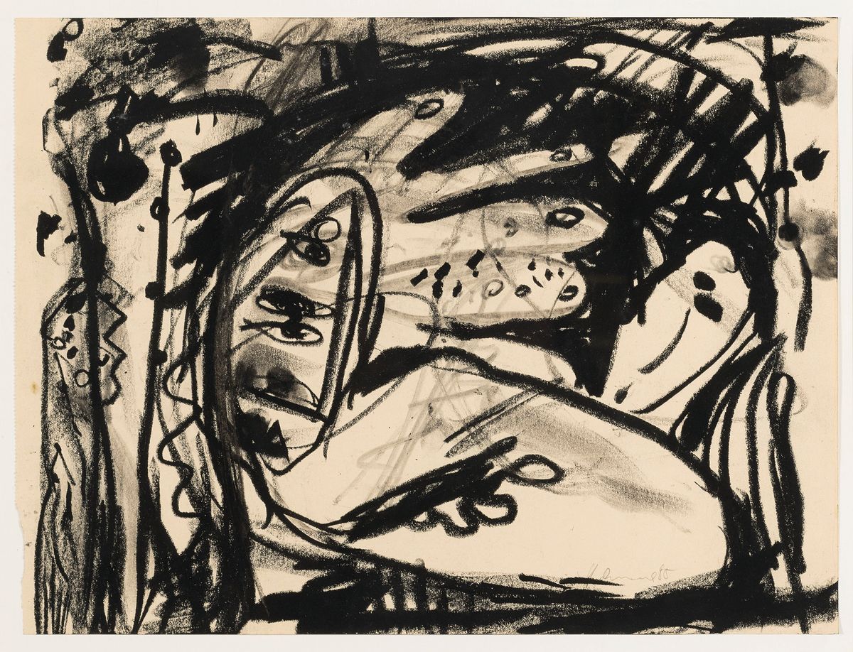 Gunter Damisch, 1958 Steyr-2016 Wien, Kohlezeichnung auf Papier, "Bildfolge scherzhafte Erwägungen", 1985, rechts unten signiert u. ...