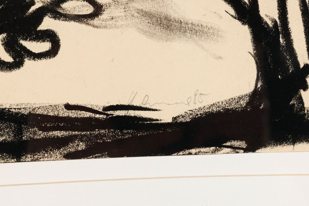 Detail a: Gunter Damisch, 1958 Steyr-2016 Wien, Kohlezeichnung auf Papier, "Bildfolge scherzhafte Erwägungen", 1985, rechts unten signiert u. ...