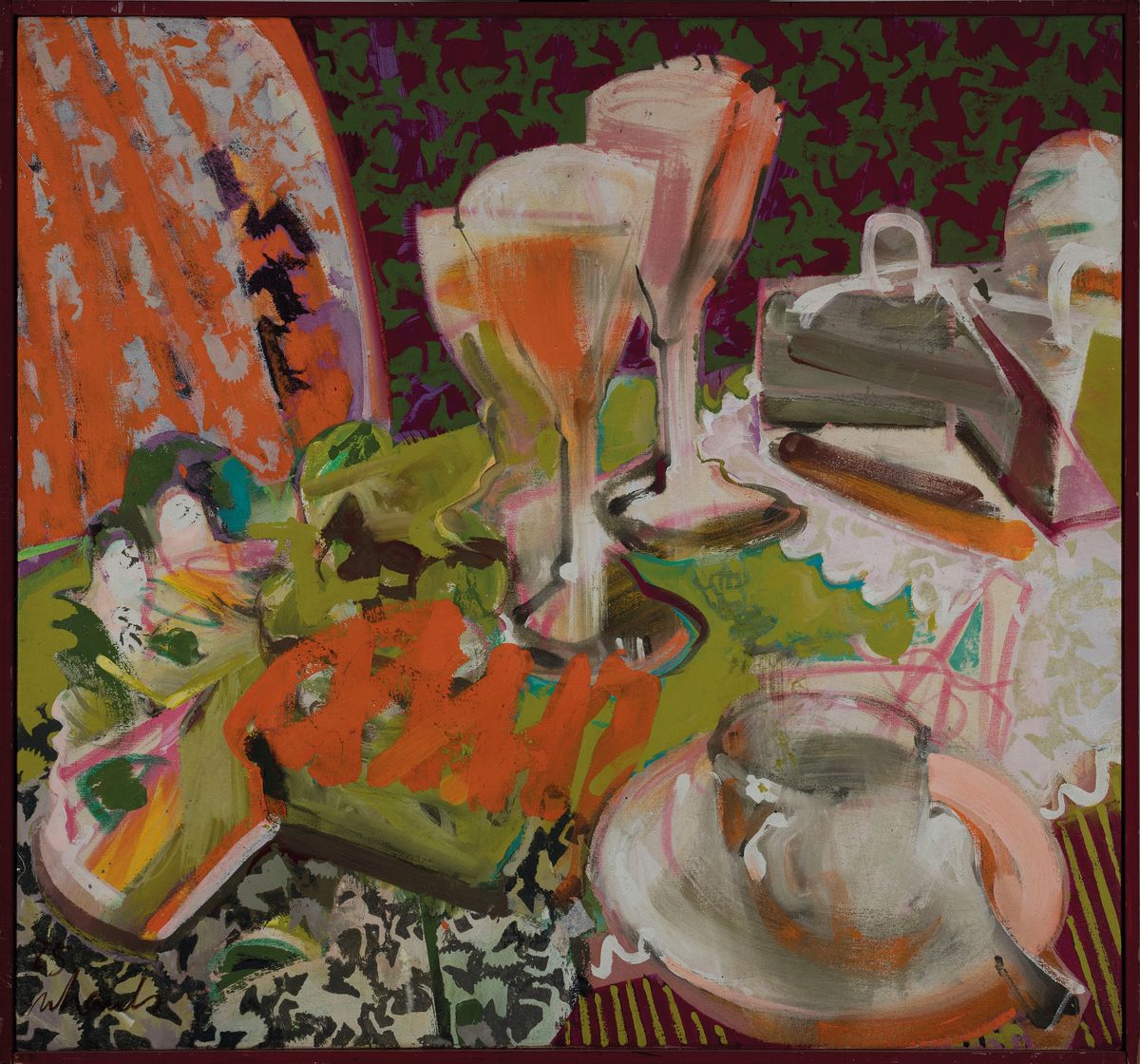 Detail k: Roland Schauls, geb. 1953 Luxemburg, Studiuman der Akademie Stuttgart, Stillleben "Stuttgarter Sektfrühstück", links unten signiert und ...