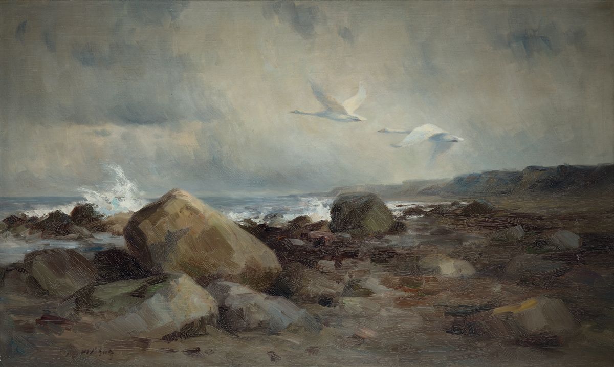 Manfred Schatz, 1925 Stettiner Haff-2004 Meerbusch, Schwäne über den Schären, Öl/Lwd, links unten signiert, ca. 84x140cm, R.