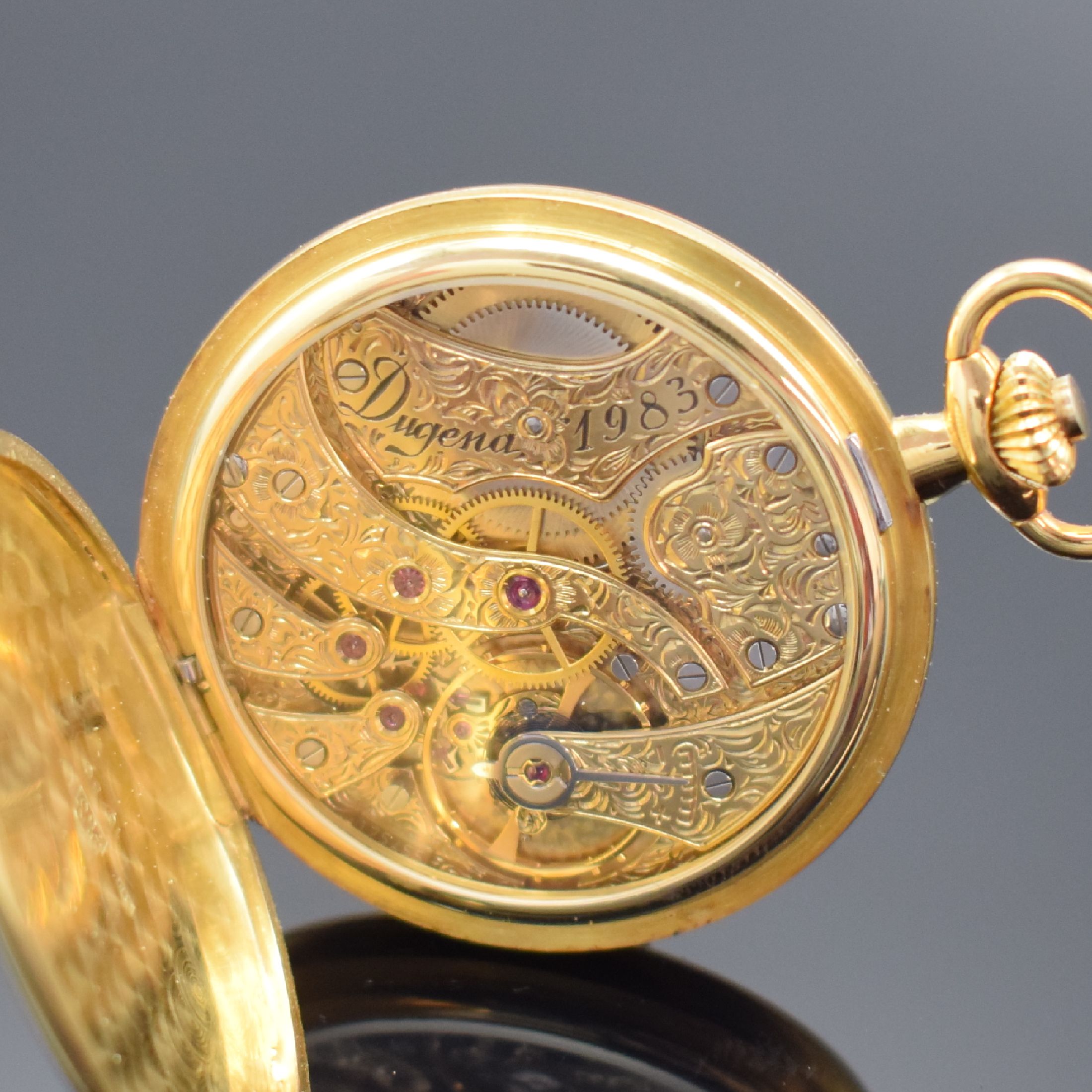 Detail c: IWC / DUGENA 1983 seltene, auf 50 Stück limitierte offene Taschenuhr mit Kaliber IWC 952 in GG 750/000, Schweiz um 1983, 3-teil. Gehäuse, Glasrand ...