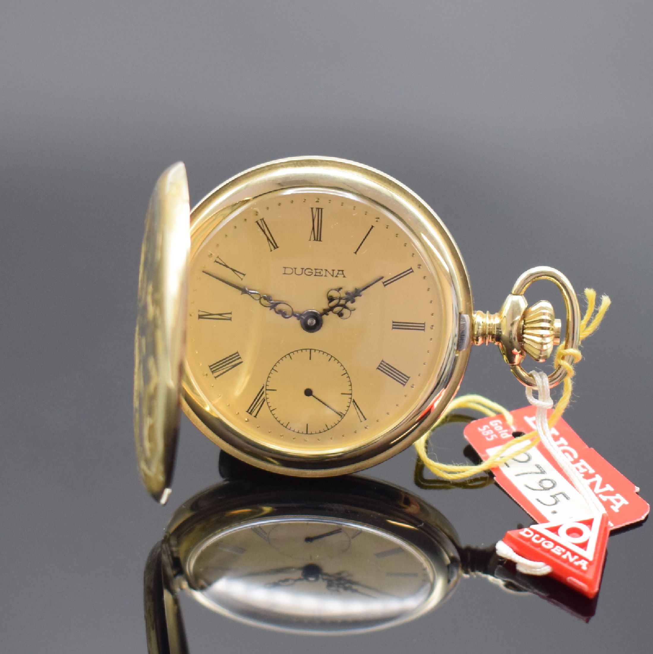 DUGENA Savonette in GG 585/000, Schweiz um 1985, Handaufzug, 2-Deckel Goldgeh., Boden aufgedr., gold. Zifferbl. m. röm. Zahlen, Louis-Zeiger, Kal. ...