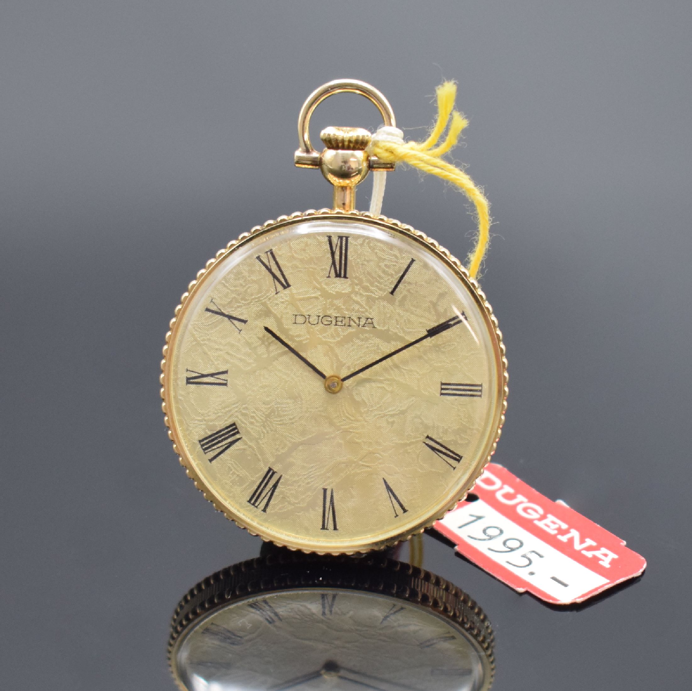 DUGENA offene Taschenuhr in GG 585/000, Schweiz um 1985, Handaufzug, 3-teil. Gehäuse, Boden und Glasrand aufgedr., gold. Zifferbl. m. röm. Zahlen, ...