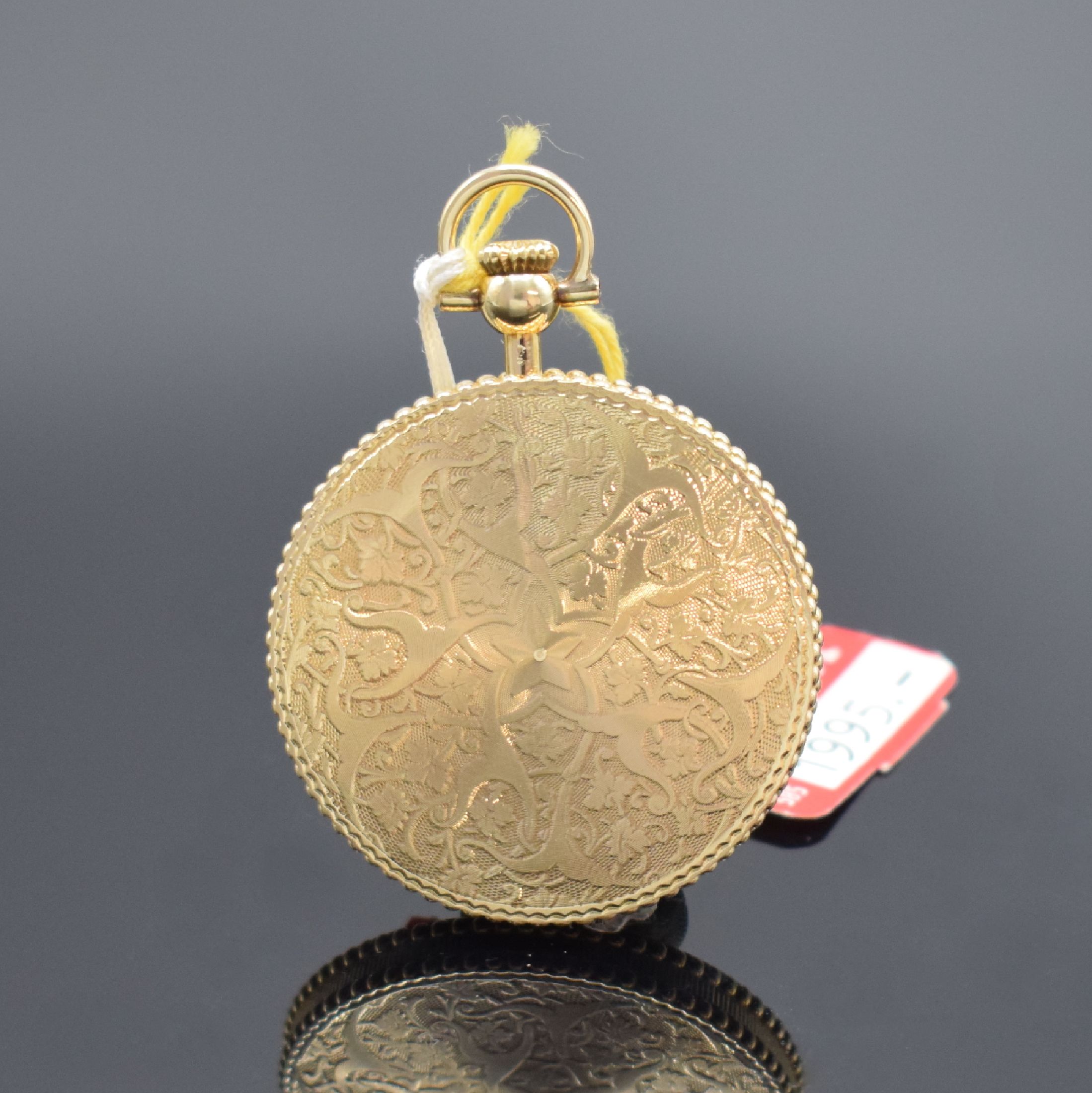 Detail a: DUGENA offene Taschenuhr in GG 585/000, Schweiz um 1985, Handaufzug, 3-teil. Gehäuse, Boden und Glasrand aufgedr., gold. Zifferbl. m. röm. Zahlen, ...