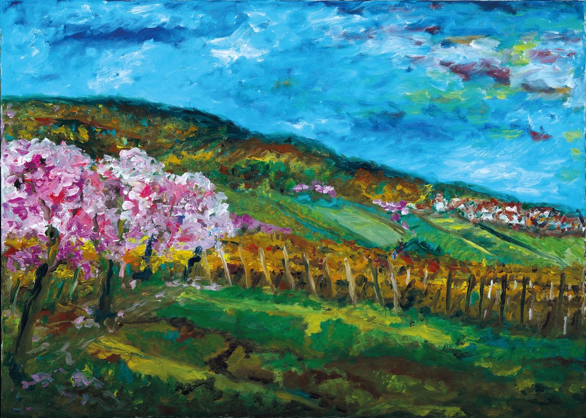 Heide Fahlbusch, 1939-2019, "Mandelbäume - Rebstöcke" so verso bez., 2007, blühende Mandelbäume mit Blick über die Weinreben auf ...