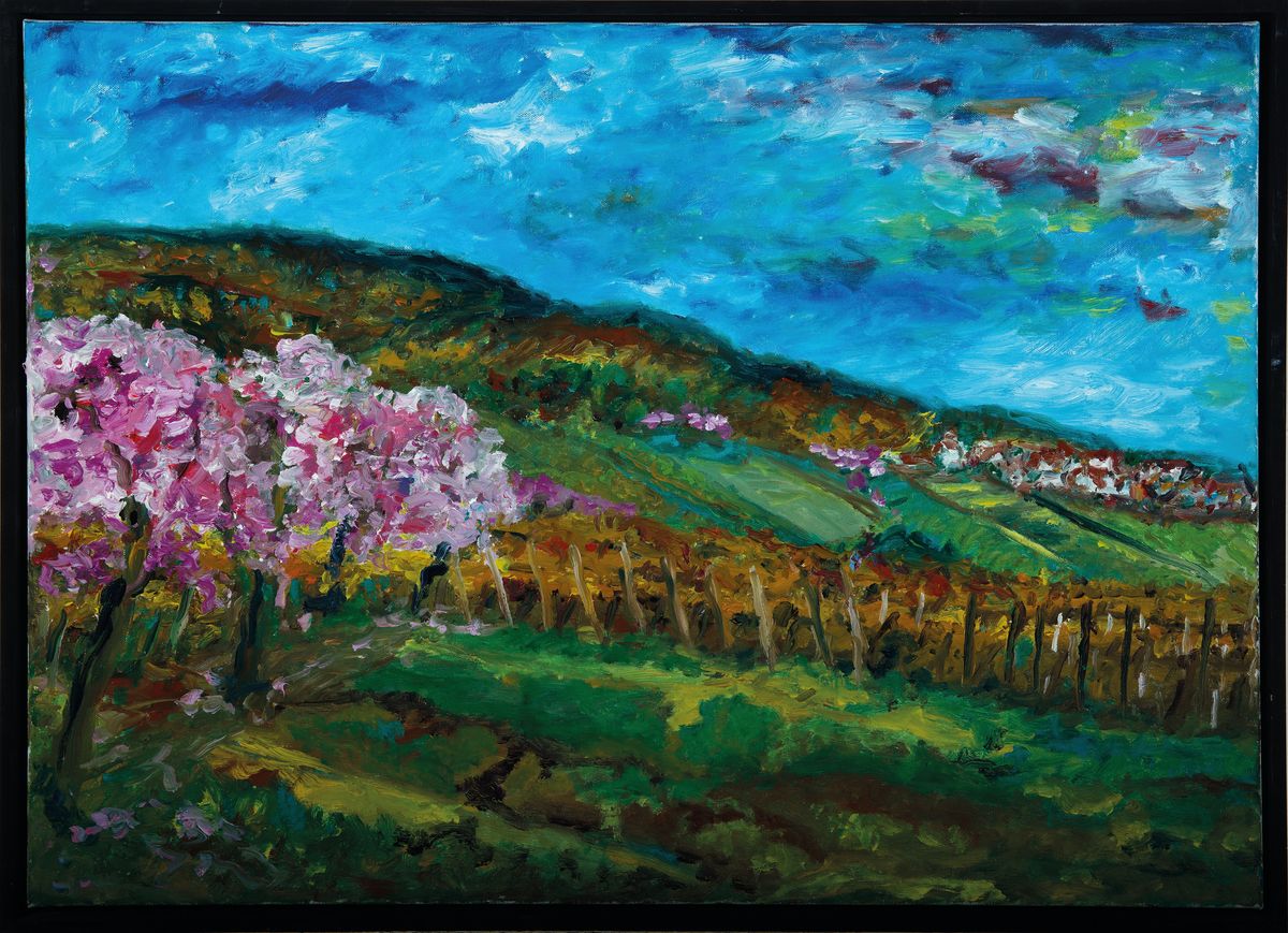 Detail k: Heide Fahlbusch, 1939-2019, "Mandelbäume - Rebstöcke" so verso bez., 2007, blühende Mandelbäume mit Blick über die Weinreben auf ...