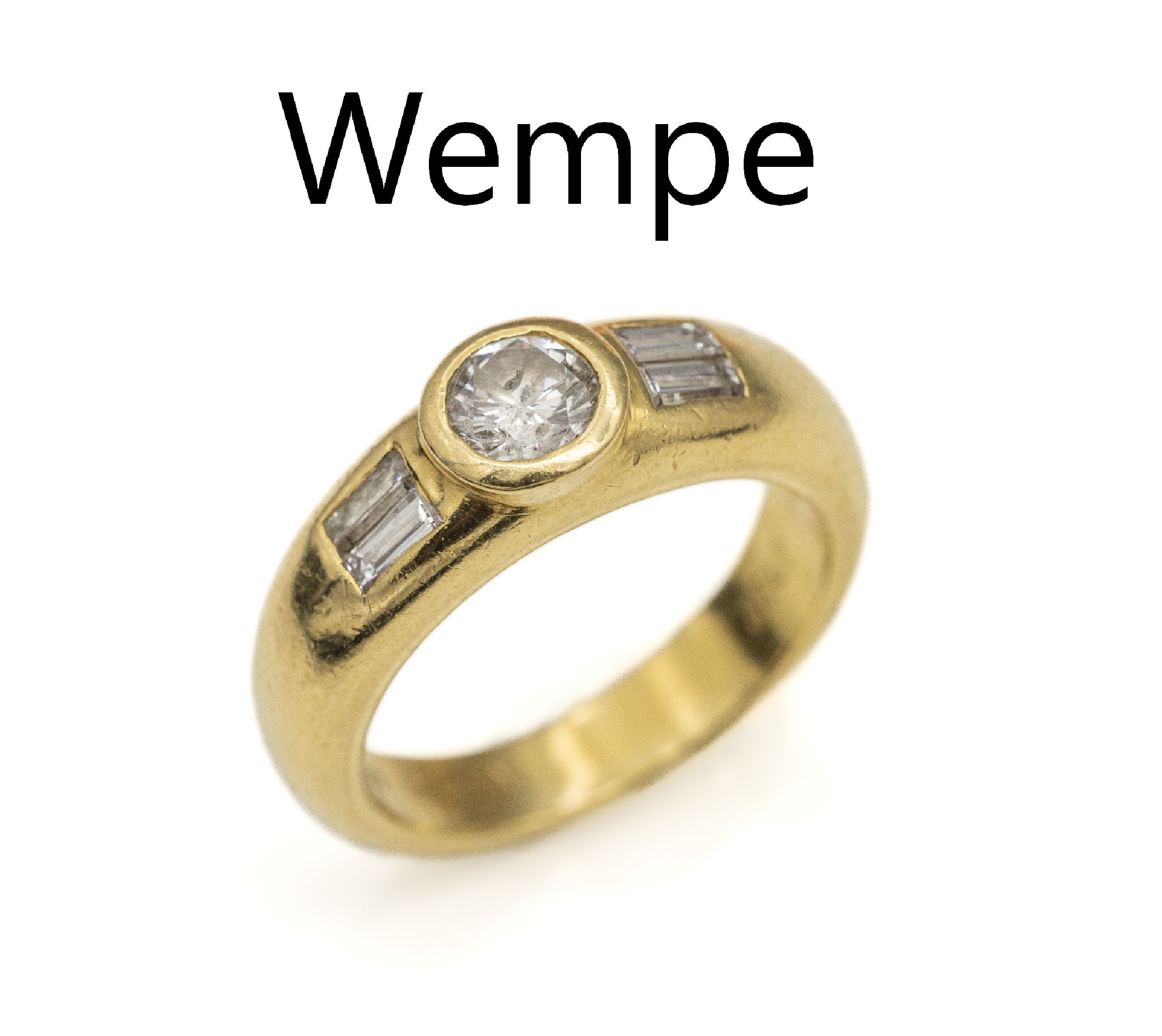 18 kt Gold WEMPE Diamant-Ring, GG 750/000, Brillant und 4 Diamantbaguettes zus. ca. 0.50 ct Weiß/si, RW 54, sign., ca. 9 g
