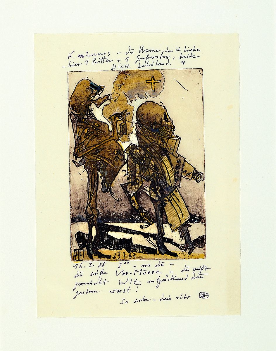 Horst Janssen, 1929 - 1995, Aquarell über Radierung, handsigniert und mit handschriftlichen Anmerkungen des Künstlers, aus 1988, aufgrund der ...