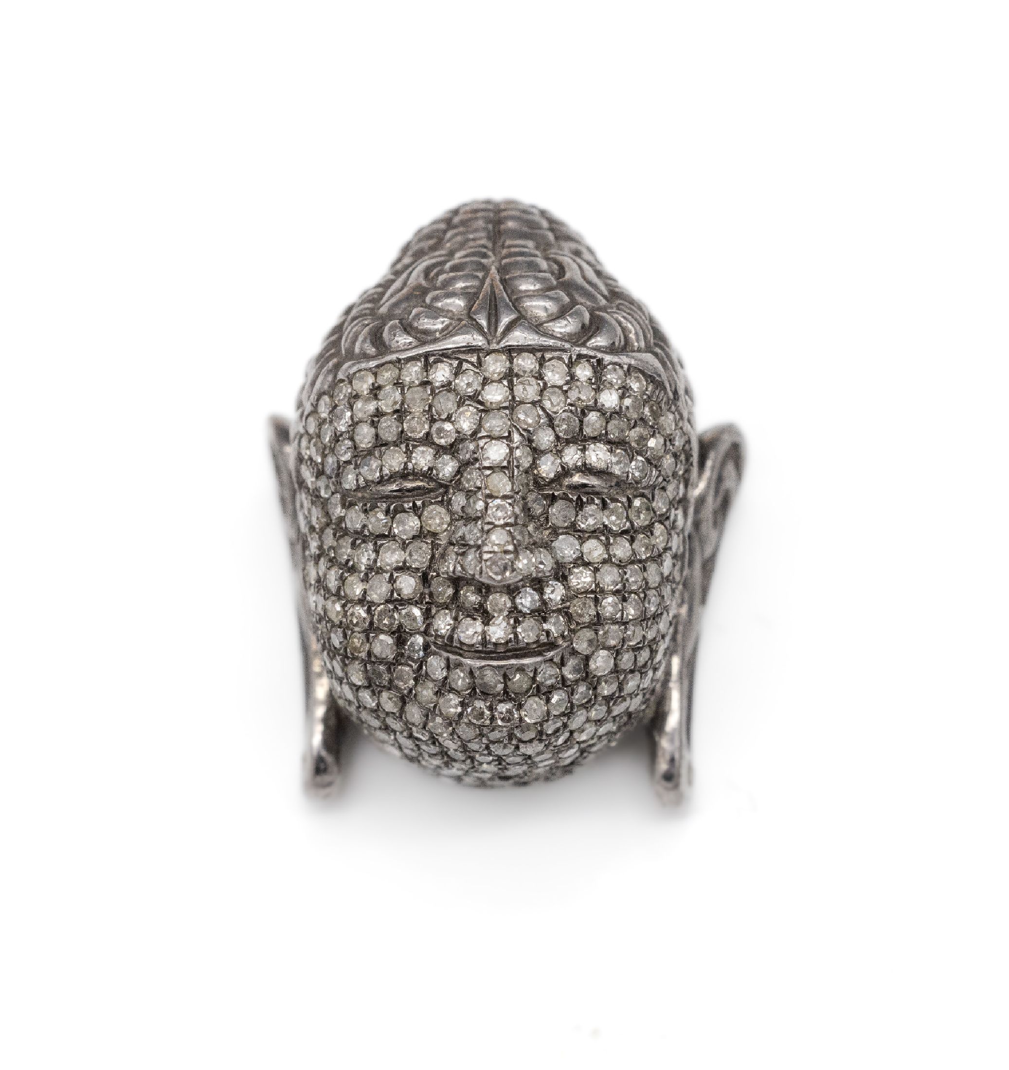 Silber Anhänger in Form eines Buddha Kopfes, 925er Silber geschwärzt, 8/8-Diamanten zus. ca. 2,20 ct, sign. Gemco, L. ca. 2,5 cm, total ca. 15,6 g